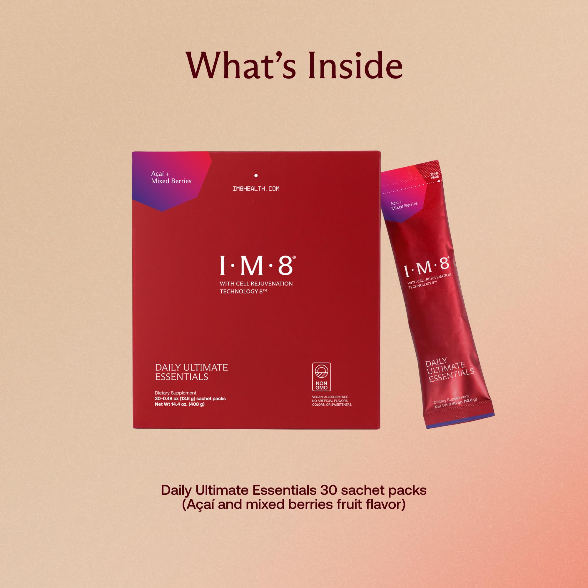 IM8 Daily Ultimate Essentials Powder, Acai and Mixed Berries, 30 Packets | All-in-One Multivitamin Supplement, 90 Nutrients including CoQ10, Probiotics, Vitamins & Greens, Gluten Free, Vegan