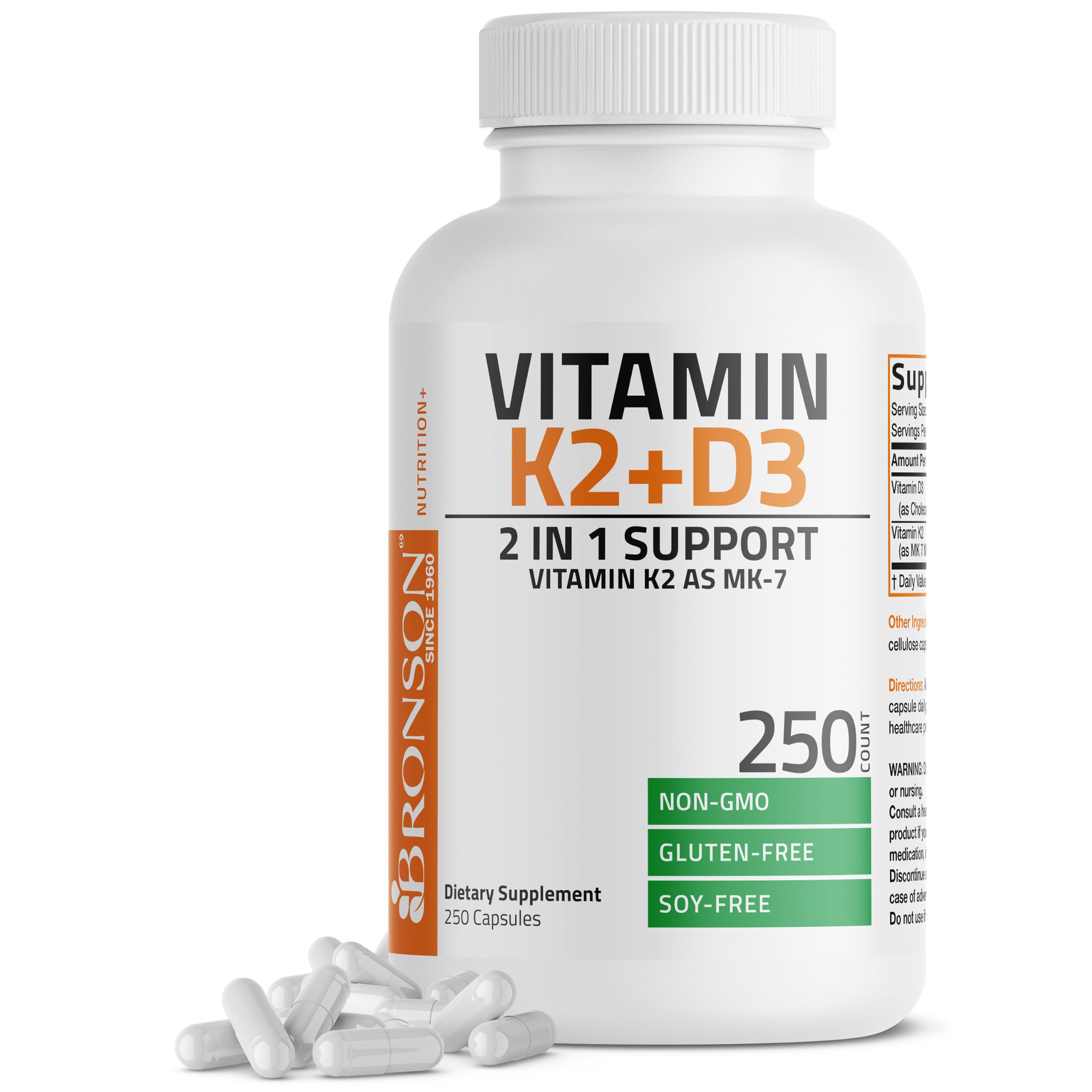 Bronson Vitamin K2 D3 (MK7) Supplement 2-in1 D3 & K2 Complex, 60 Capsules | Bone, Immune & Heart Health Support, Gluten Free, Soy Free, Non-GMO, Vitamin D3 5000IU (125 mcg) & 90 mcg K2 MK-7