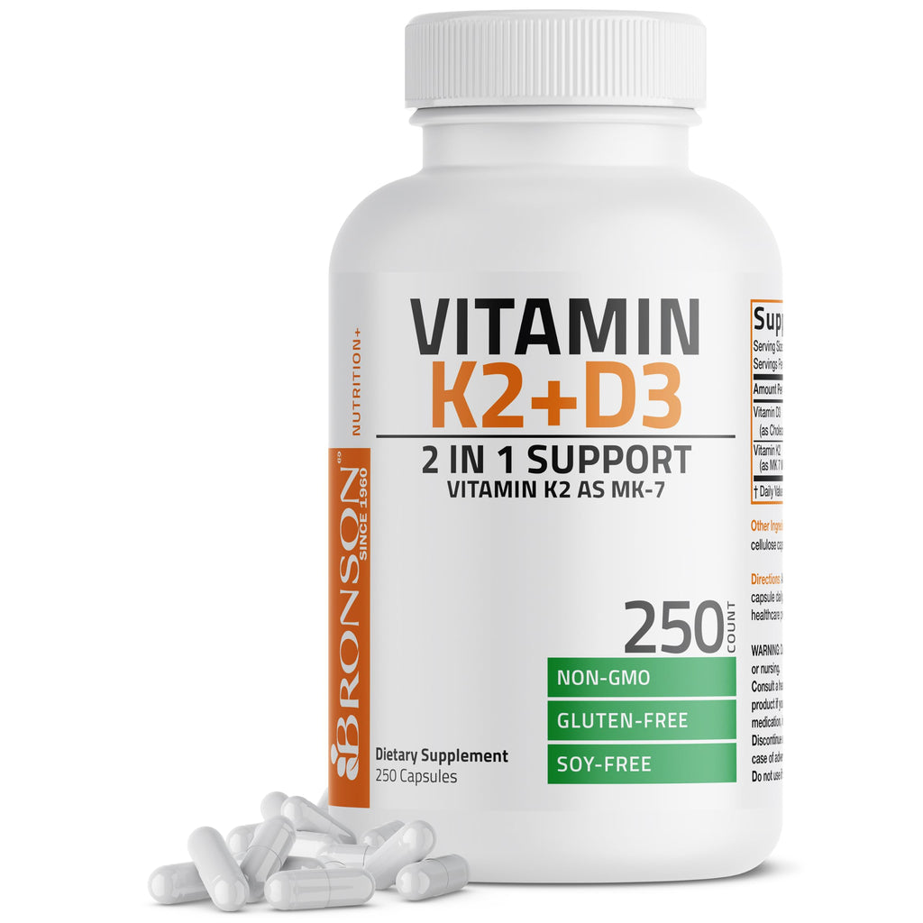 Bronson Vitamin K2 D3 (MK7) Supplement 2-in1 D3 & K2 Complex, 60 Capsules | Bone, Immune & Heart Health Support, Gluten Free, Soy Free, Non-GMO, Vitamin D3 5000IU (125 mcg) & 90 mcg K2 MK-7