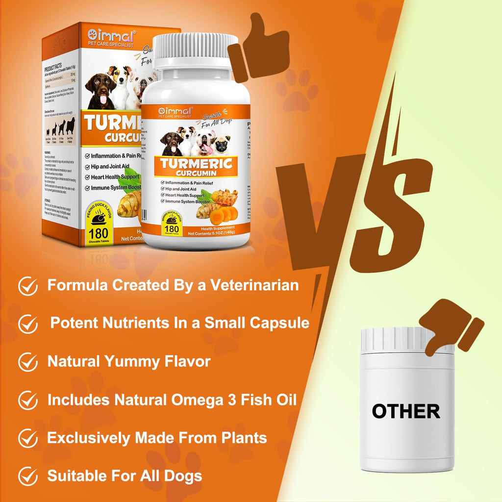 Turmeric for Dogs, 180 Turmeric Curcumin Tablets Supports Heart, Immune System Booster, Hip & Joint Support, Dog Pain Relief, Pet Supplement Treats for All Breeds Dogs & Ages - 180 Tablets / 5.1 OZ