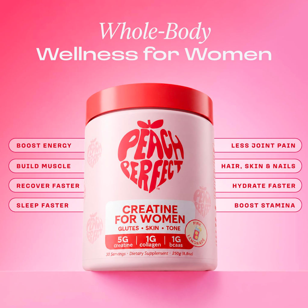 Peach Perfect Creatine for Women – Micronized Creatine Monohydrate Powder with BCAA & Collagen for Glute Strength Support, Boosts Energy, Focus, Strength, and Endurance – Pink Lemonade, 30 Servings