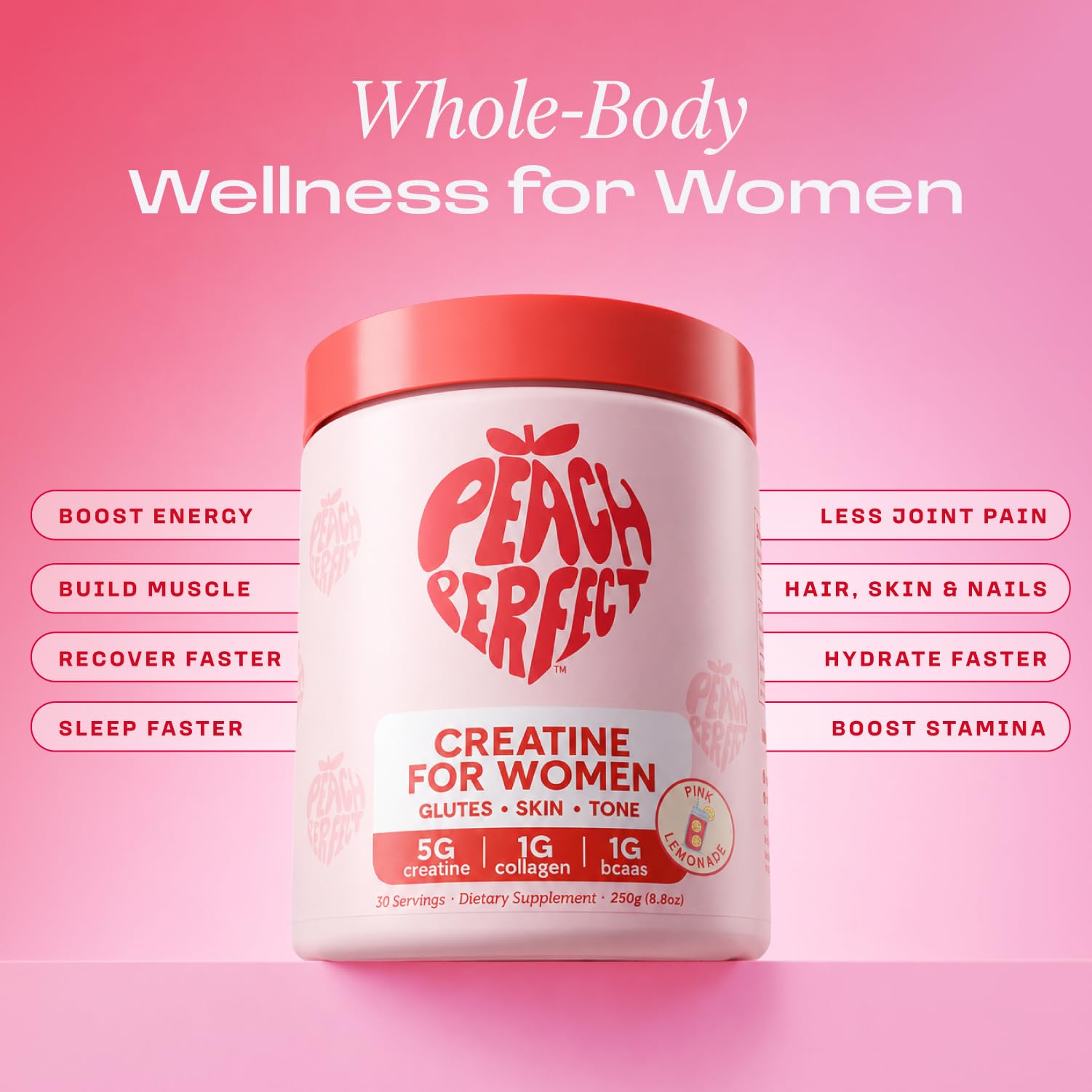Peach Perfect Creatine for Women – Micronized Creatine Monohydrate Powder with BCAA & Collagen for Glute Strength Support, Boosts Energy, Focus, Strength, and Endurance – Pink Lemonade, 30 Servings