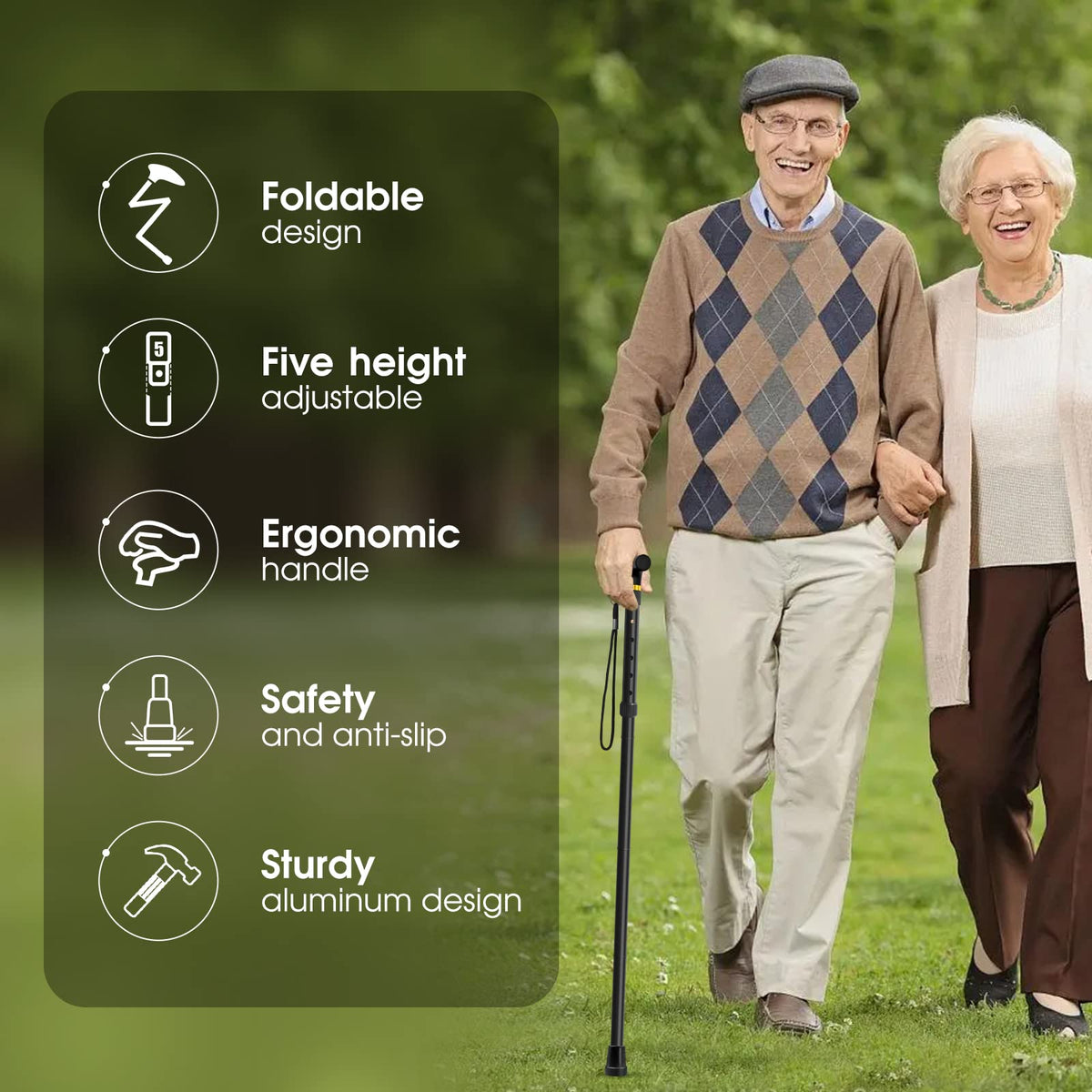 Folding Cane, Walking Poles with Adjustable Height, Canes for Men, Women and for The Elderly, Aids for People WithLlimited Mobility(Black)