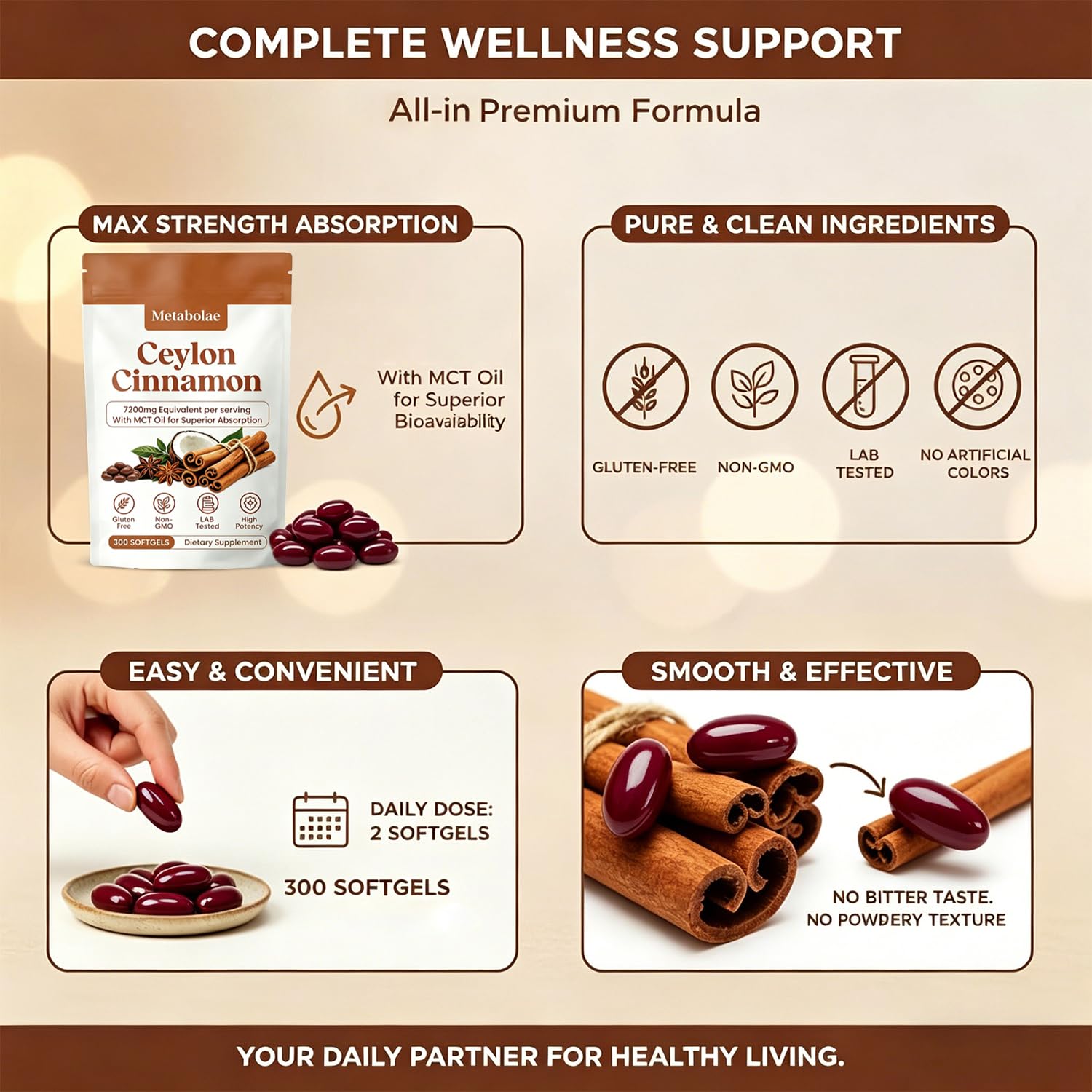 Metabolae Ceylon Cinnamon Extract Capsules with MCT Oil, 300 Softgels, 12:1 High Potency Extract, True Cinnamon Supplements, Non-GMO & Gluten Free, Easy-to-Swallow, Vegan Friendly