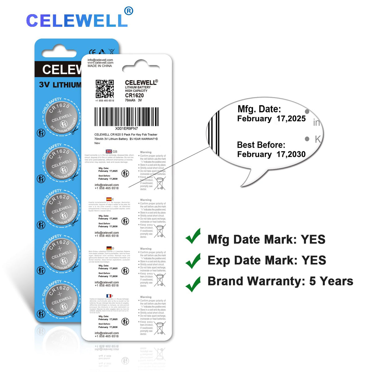 CELEWELL CR1620 5 Pack Key Fob Tracker 70mAh 3V Lithium Battery