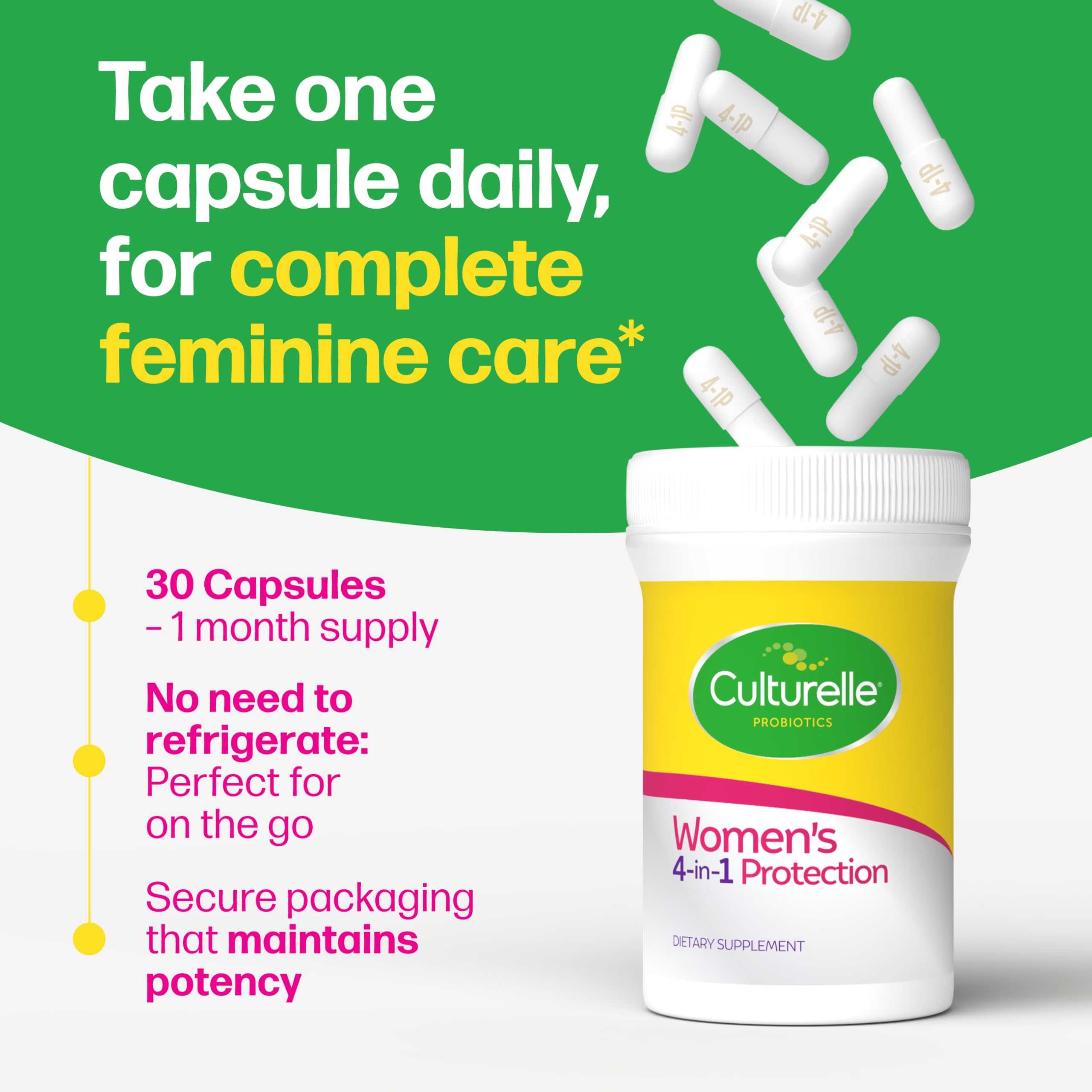 Culturelle Probiotics for Women with Prebiotics, 4-in-1 Benefits, 30 Count | 5 Strain Probiotic Blend, Vaginal, Urinary Tract, Digestive & Immune Plus Occasional Gas & Bloating Support*