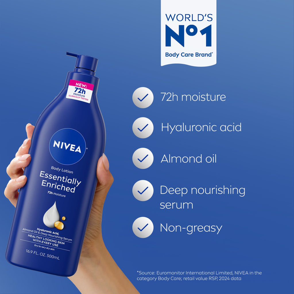 NIVEA Essentially Enriched Body Lotion, Value Pack, 2 x 16.9 FL OZ | Hydrating Body Lotion with Hyaluronic Acid, Almond Oil and Deep Nourishing Serum, For Dry to Very Dry Skin,72-Hour Moisture