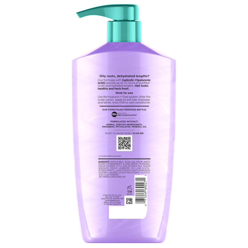 L'Oreal Paris Elvive Hyaluron + Pure 72H Purifying Shampoo for Oily Hair, Clarifying Shampoo with Salicylic Acid and Hyaluronic Acid, 28 Fl Oz