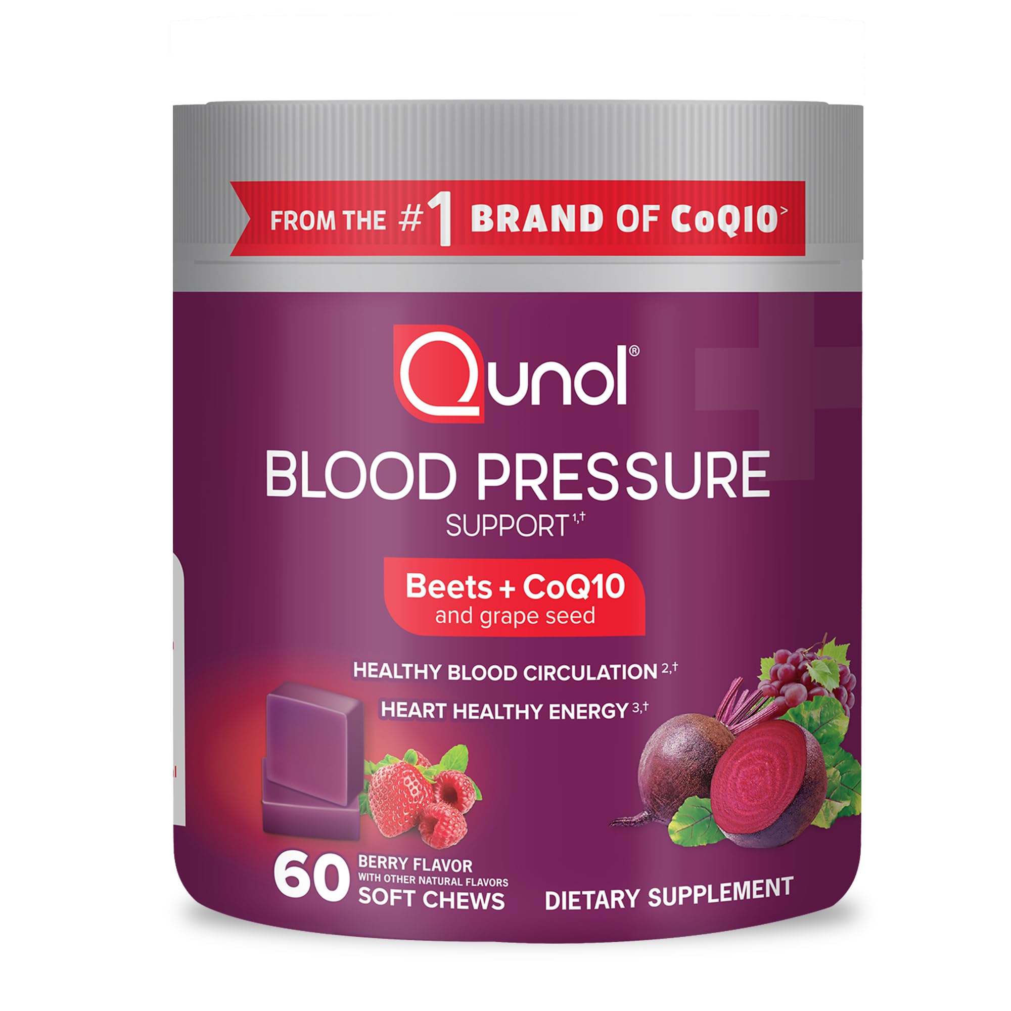 Qunol 3-in-1 Beet Roots Chews with CoQ10, Blood Pressure Support, 60ct | Supports Healthy Blood Circulation & Heart Healthy Energy, From the #1 Brand of CoQ10, Vegetarian, No Synthetic Dyes