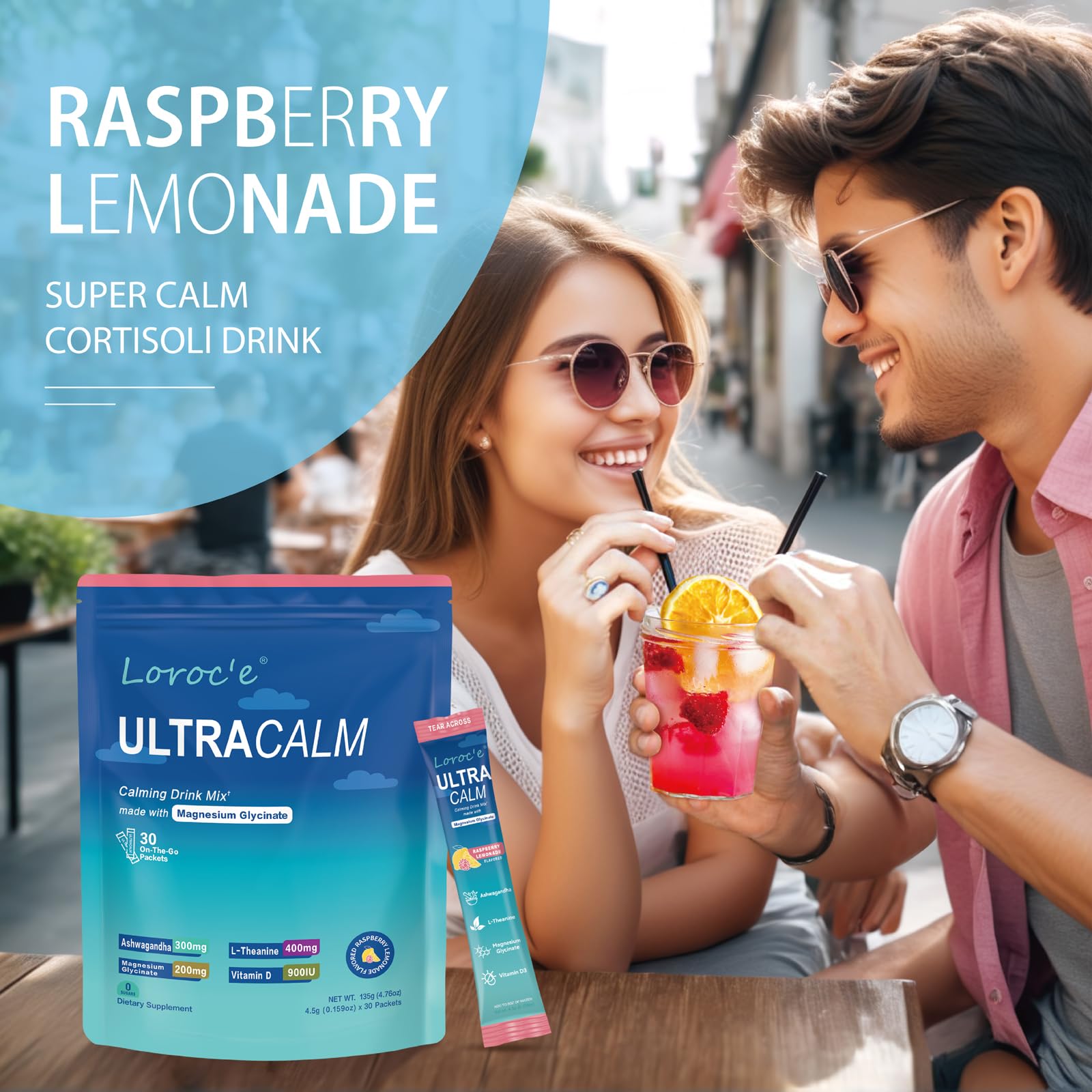 UltraCalm Super Cortisol Drink Mix - Raspberry Lemonade (2 x 30 Packets) | with Ashwagandha, Magnesium Glycinate & L-Theanine Supplement - Sleep and Relaxation Support