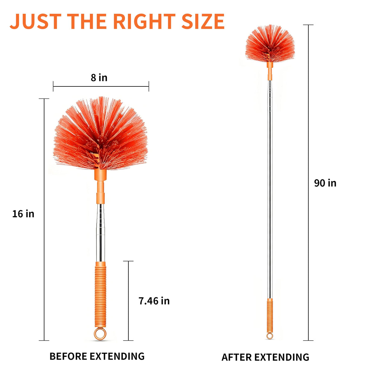 Cobweb Duster with Extension Pole, 90" Spider Web Brush, Orange