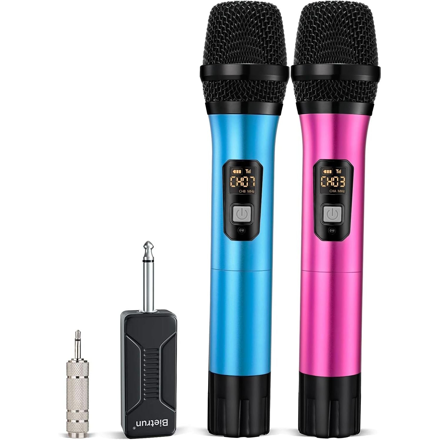 Buy now Bietrun Wireless Microphone, Professional UHF Metal Dual Handheld Cordless Dynamic Mic System Set with Rechargeable Receiver, 1/4‘’Output, Plug and Play, Instrument-Wireless-Mics for Karaoke, Wedding Blue Pink at indiglob india