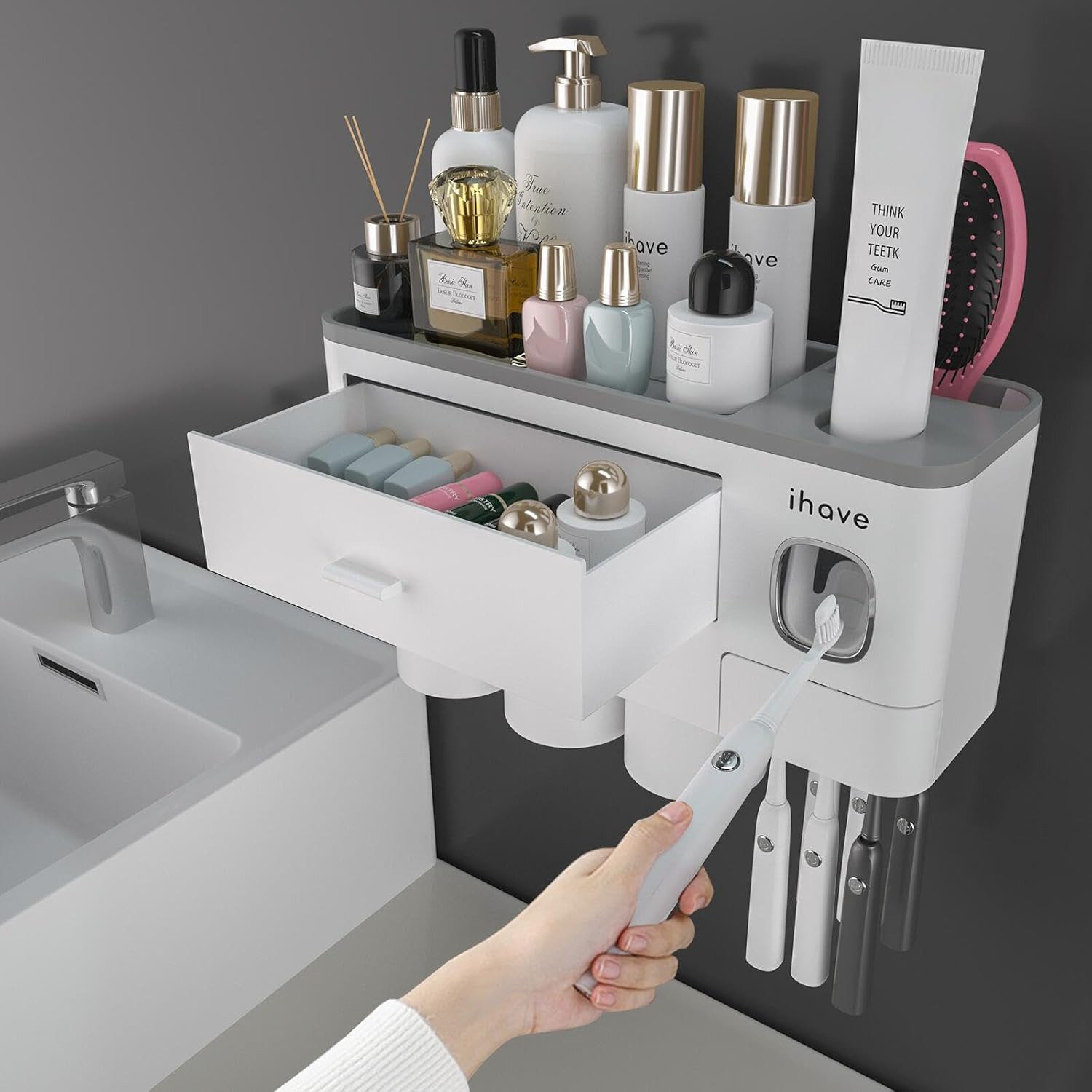 Buy now iHave Toothbrush Holders for Bathrooms, 4 Cups Toothbrush Holder Wall Mounted with Toothpaste Dispenser - Large Capacity Tray, 2 Cosmetic Drawer - Bathroom Organizer & Bathroom Accessories Set 3 cup White at indiglob india