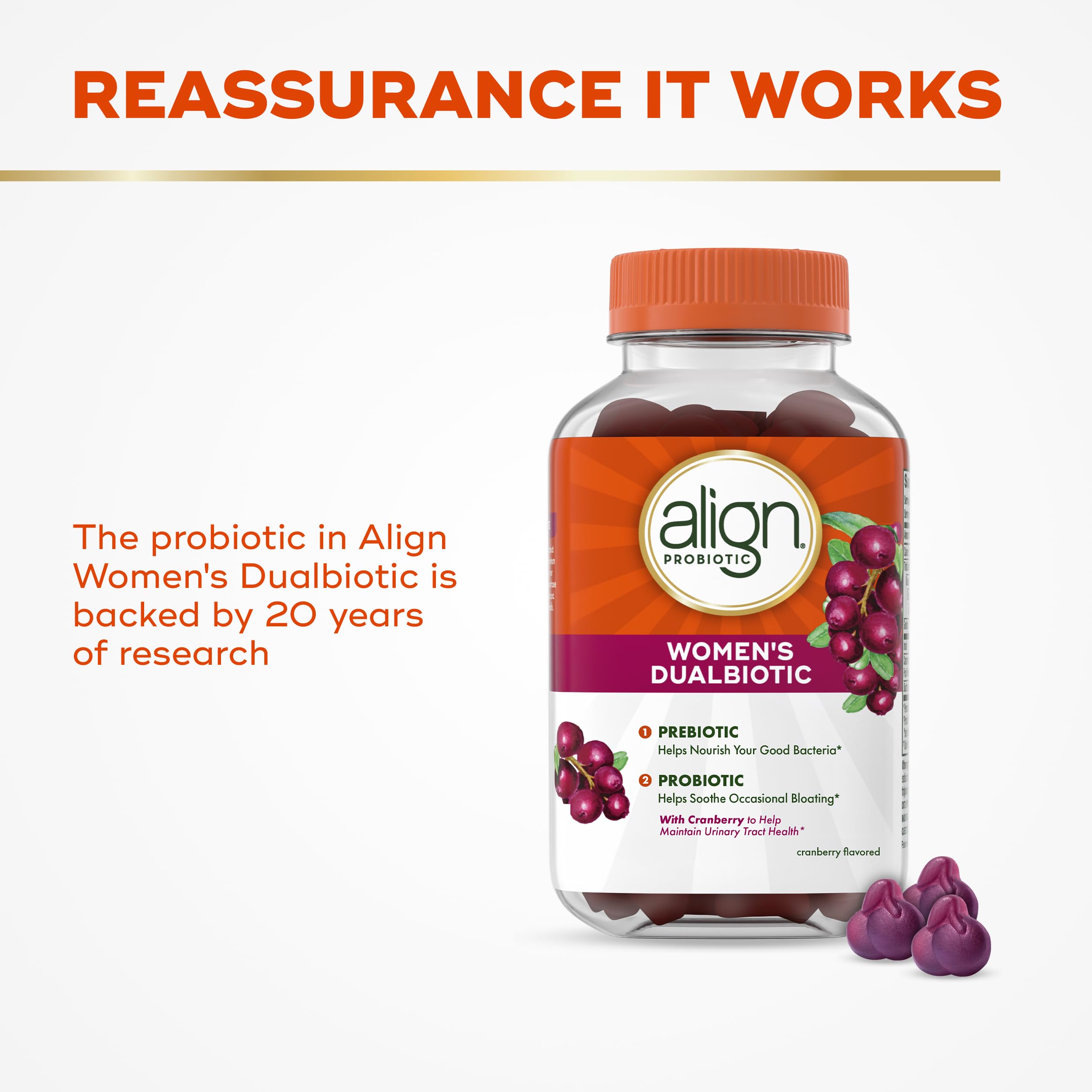 Align Probiotic, Women's Dualbiotic, Womens Probiotic Gummies, Prebiotics and Probiotics for Women, with Cranberry for Urinary Tract Health*, Cranberry Flavor, 90 Gummies