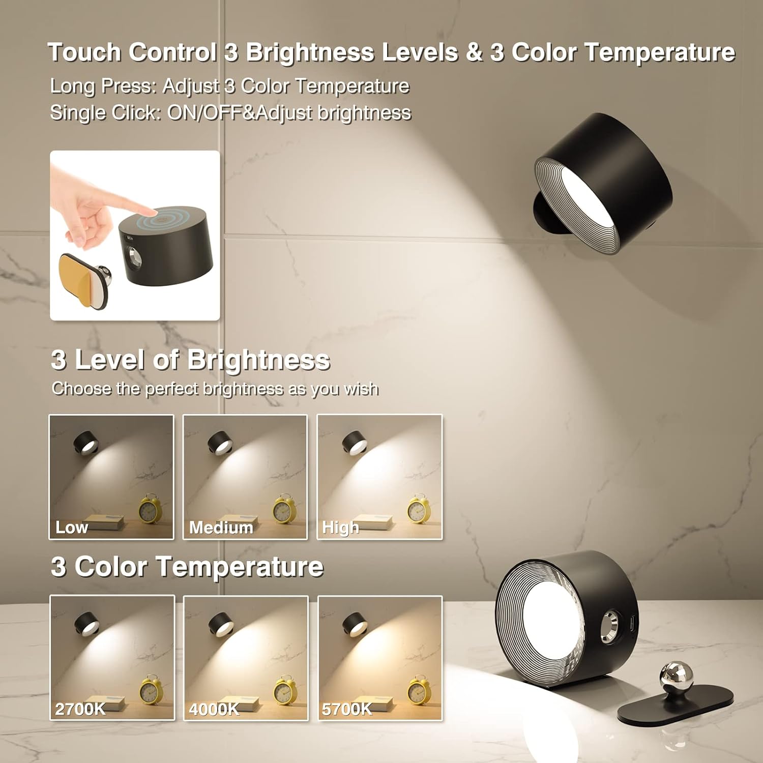 Buy now LED Wall Sconce, Wall Mounted Lamp with Rechargeable Battery Operated USB Port 3 Color Temperature & 3 Brightness Level 360°Rotate Magnetic Ball, Cordless Light for Reading Study Bedside at indiglob india