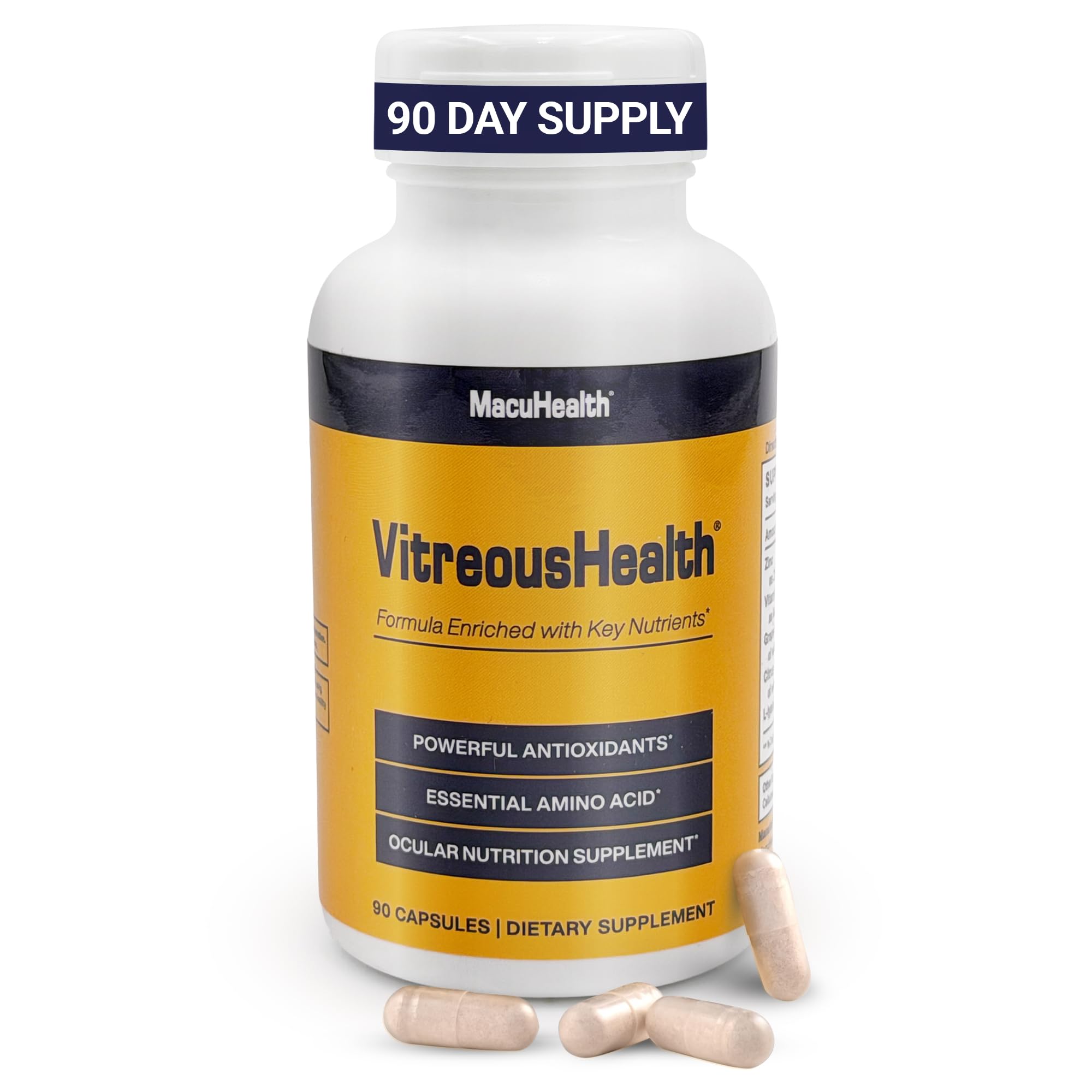 Macuhealth VitreousHealth Evidence-Based Eye Supplement - Ocular Nutrition | 90 capsules, with Zinc, Grape Seed Extract, with Citrus Aurantium Fruit Extract, L-lysine - Promotes Clearer Vision