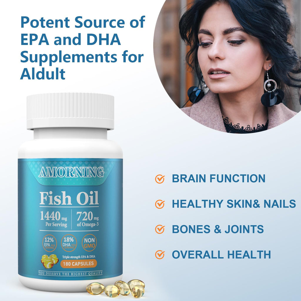 Fish Oil Omega-3 Supplements Small Softgels 1440mg 180Count Easy to Swallow | High EPA & DHA Fish Oil for Men & Women, Brain, Heart & Eye Health