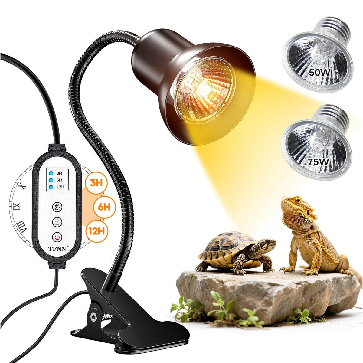 TFNN Reptile Heat Lamp, Heat Lamp with Clamp, UVA UVB Reptile Light with Intelligent Cycle Timer for Turtle, Bearded Dragon, Lizard and More, 2 Bulbs 50W+75W