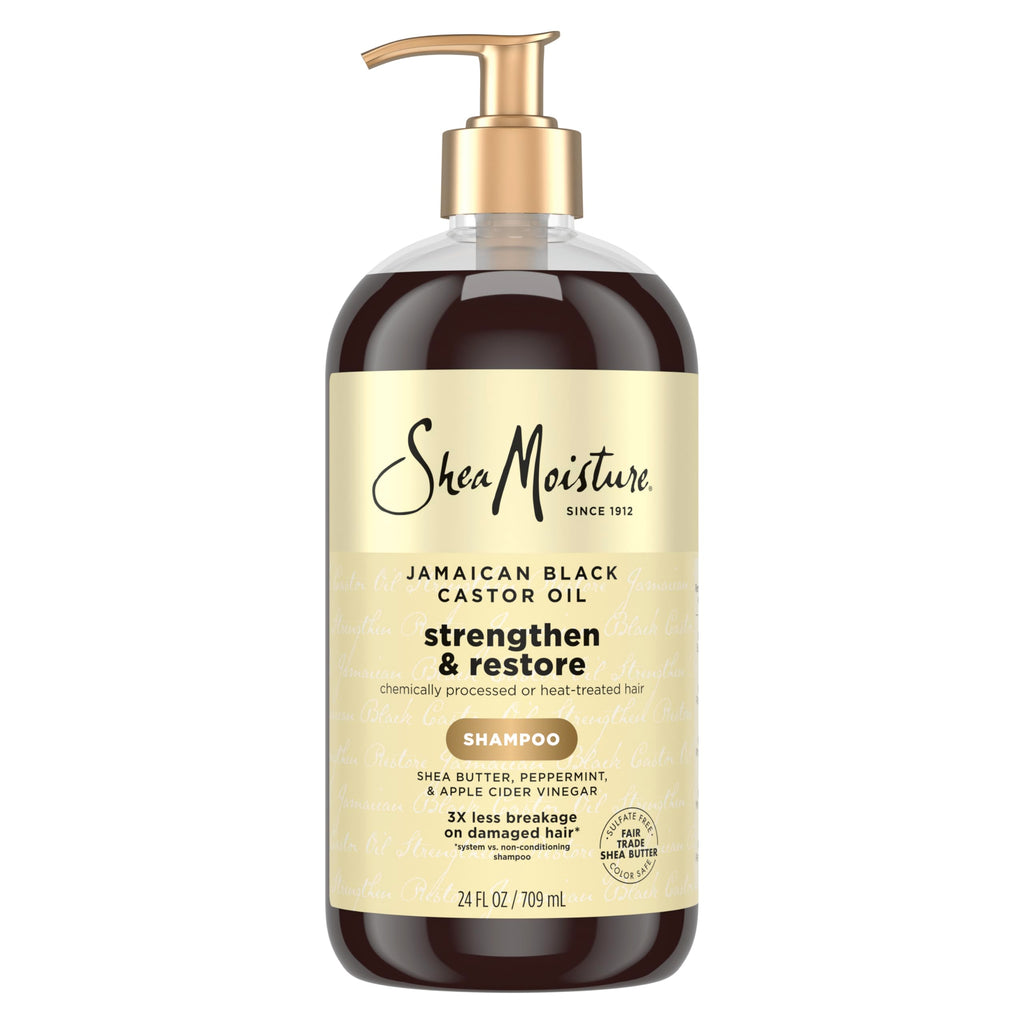 Shea Moisture Strengthen and Restore Shampoo for Damaged Hair 100% Pure Jamaican Black Castor Oil Cleanse and Nourish 13 oz | For damaged hair - remove build up, strengthen, and restore hair with Shea Butter, Peppermint, and Apple Cider Vinegar.