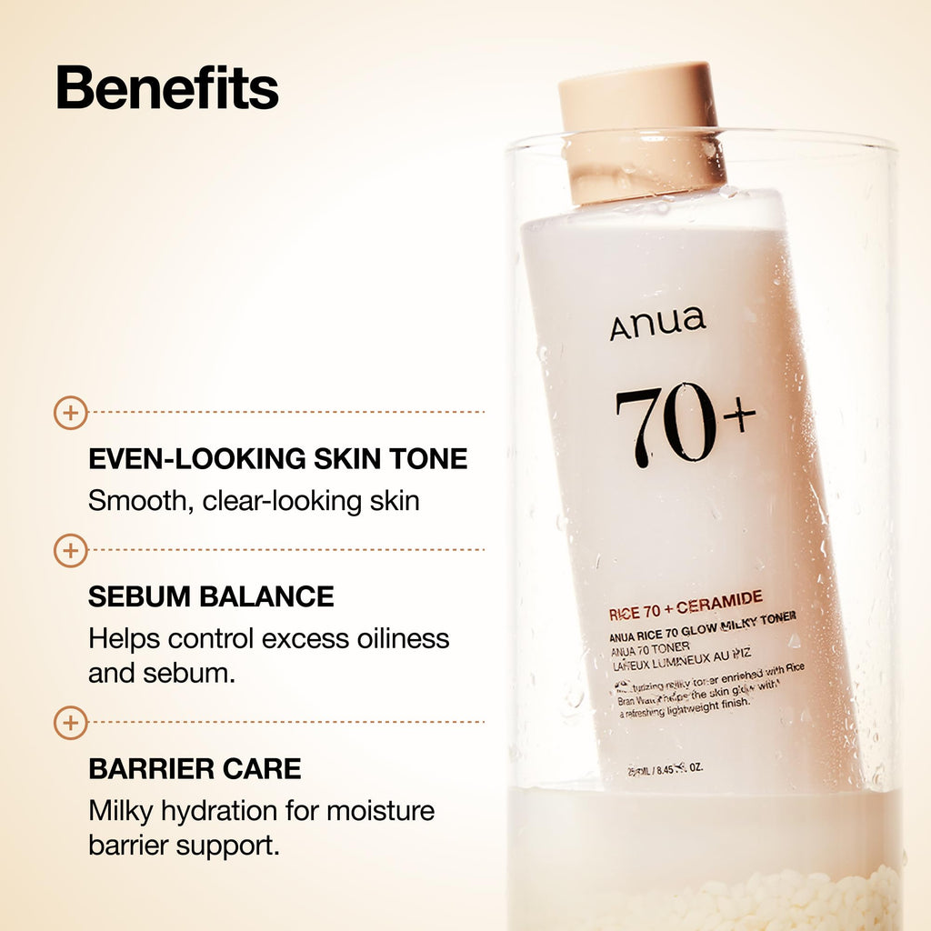 Anua Rice 70 Glow Milky Toner, Glass & Dewy Skin, Hydrating & Barrier Care, Rice Water, Niacinamide, Ceramides, All Skin Types, Fragrance-Free, Non Comedogenic, Korean Skincare, 8.45 fl.oz.