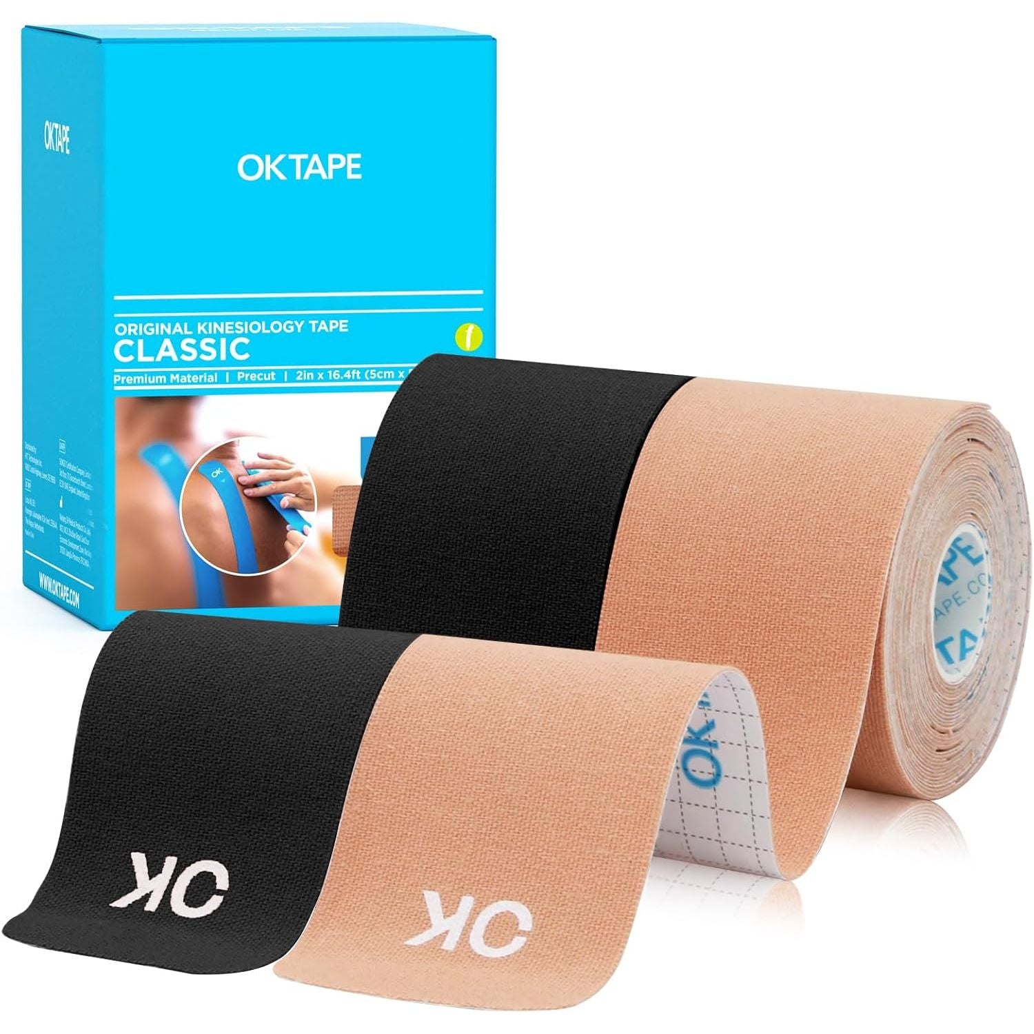 Buy now OK TAPE Kinesiology Tape 10 inches Precut, 20 Strips, Cotton Elastic Athletic Tape Latex Free, 2in x 16ft, Black 2 Rolls Beige and Black at indiglob india