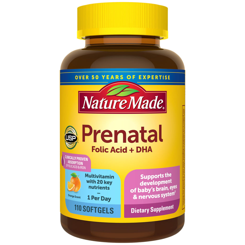 Nature Made Prenatal Vitamins for Women with Folic Acid + DHA, 110 Softgels | Prenatal Vitamin and Mineral Supplement for Daily Nutritional Support, With Folic Acid and 19 Other Nutrients, 110 Day Supply