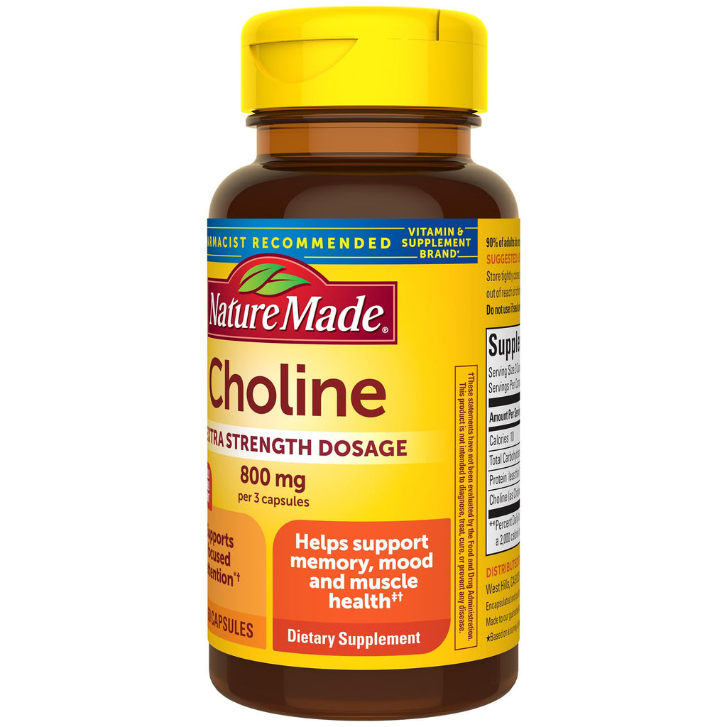 Nature Made Extra Strength Dosage Choline Supplements, 60 Capsules | Choline Supplements 800 Mg per 3 Capsules, Brain Health, Mood, Muscle & Liver Support, Vegetarian, 20 Day Supply