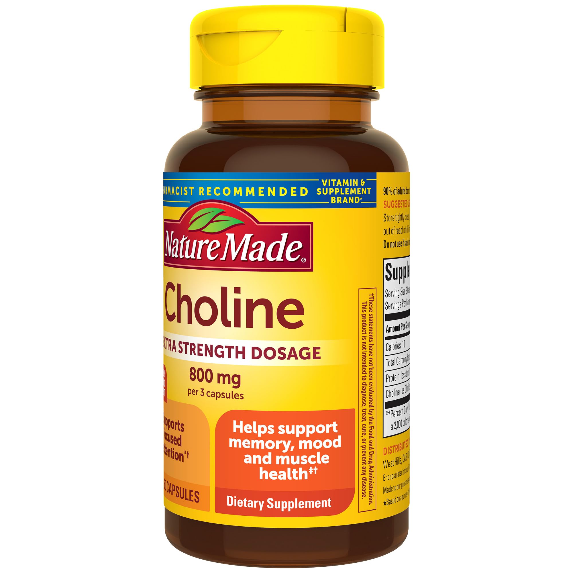 Nature Made Extra Strength Dosage Choline Supplements, 60 Capsules | Choline Supplements 800 Mg per 3 Capsules, Brain Health, Mood, Muscle & Liver Support, Vegetarian, 20 Day Supply
