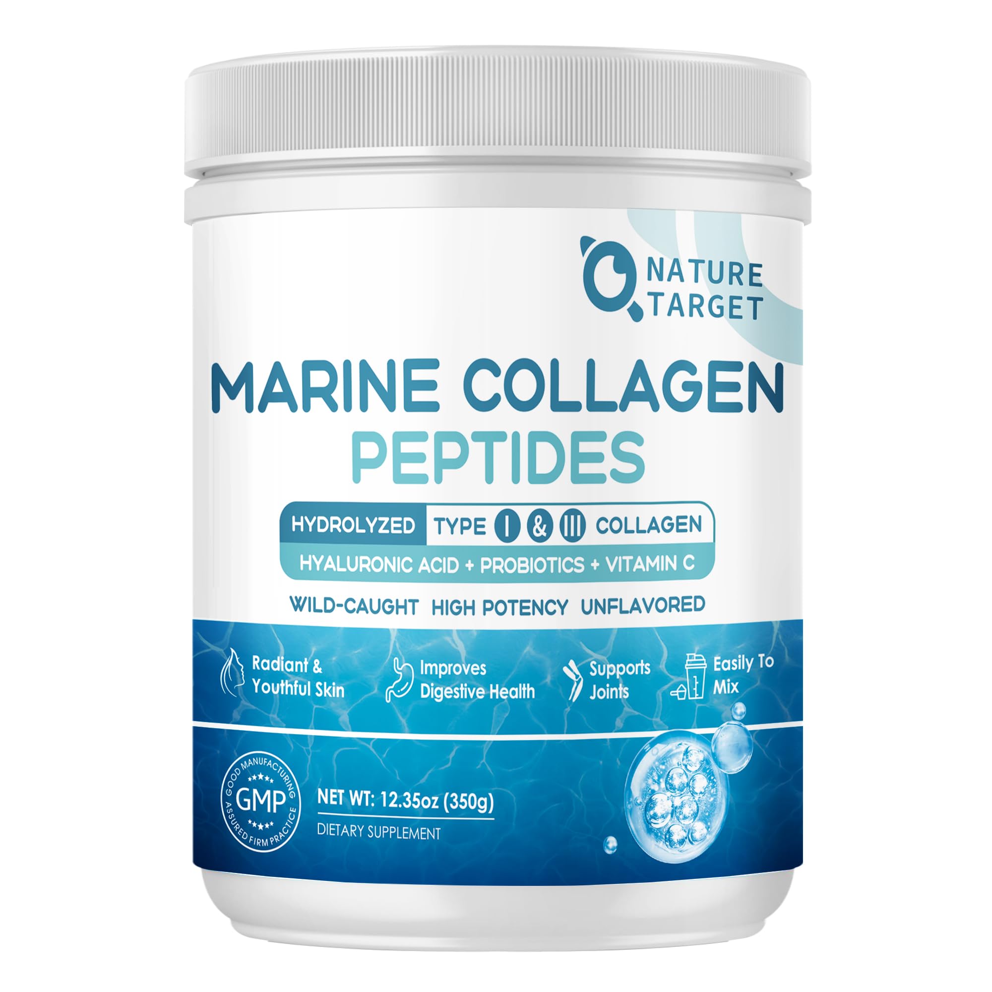 NATURE TARGET Marine Collagen Peptides Powder - Type I & III Collagen with Probiotics, Vitamin C & Hyaluronic Acid for Skin, Hair, Nails, Wild-Caught Fish & Grass-Fed Bovine, 35 Servings (Pack of 2)