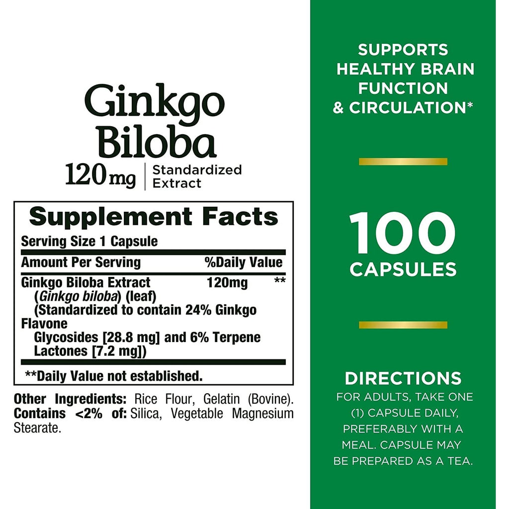 Nature's Bounty Ginkgo Biloba Standardized Extract 120 mg, Herbal Bottles, Capsule, 100 Count, Pack of 2