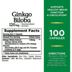 Nature's Bounty Ginkgo Biloba Standardized Extract 120 mg, Herbal Bottles, Capsule, 100 Count, Pack of 2