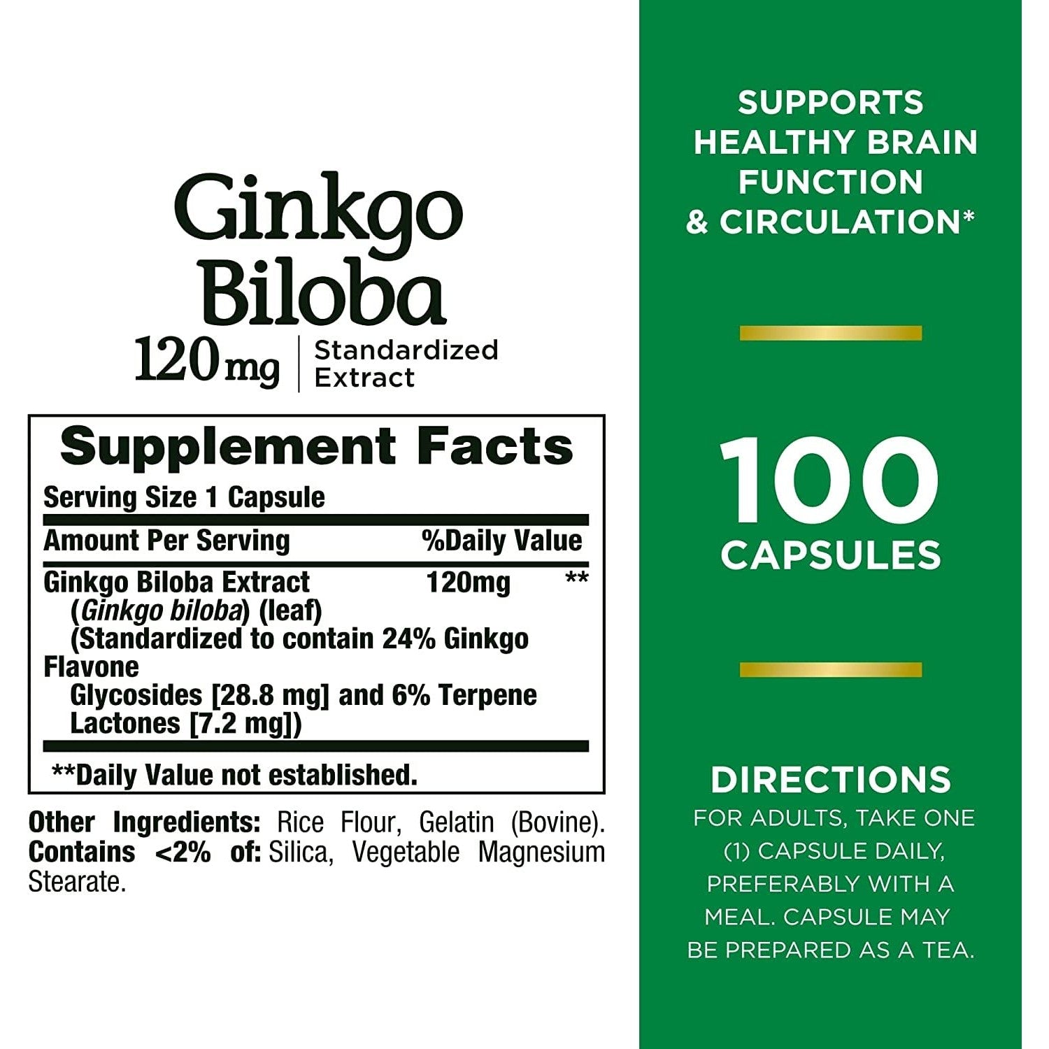 Nature's Bounty Ginkgo Biloba Standardized Extract 120 mg, Herbal Bottles, Capsule, 100 Count, Pack of 2