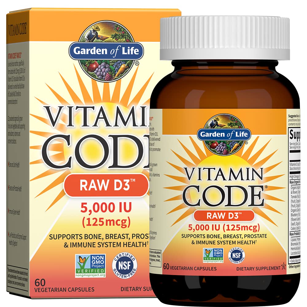 Garden of Life Vitamin D3 5000 IU, Raw Whole Food Supplements with Chlorella, Fruit, Veggies & Probiotics for Bone & Immune Health, 60 Vegetarian Capsules (Pack of 6)