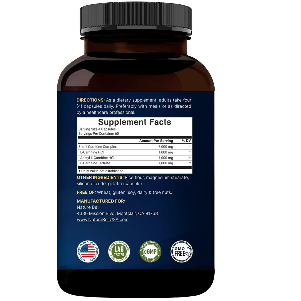 NatureBell Triple L-Carnitine 3,000 mg** Per Serving, 240 Capsules | 3-in-1 Carnitine Complex with L-Carnitine HCl, ALCAR & Tartrate | Non-GMO
