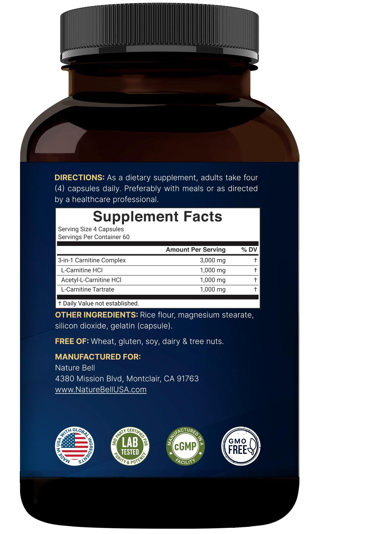 NatureBell Triple L-Carnitine 3,000 mg** Per Serving, 240 Capsules | 3-in-1 Carnitine Complex with L-Carnitine HCl, ALCAR & Tartrate | Non-GMO