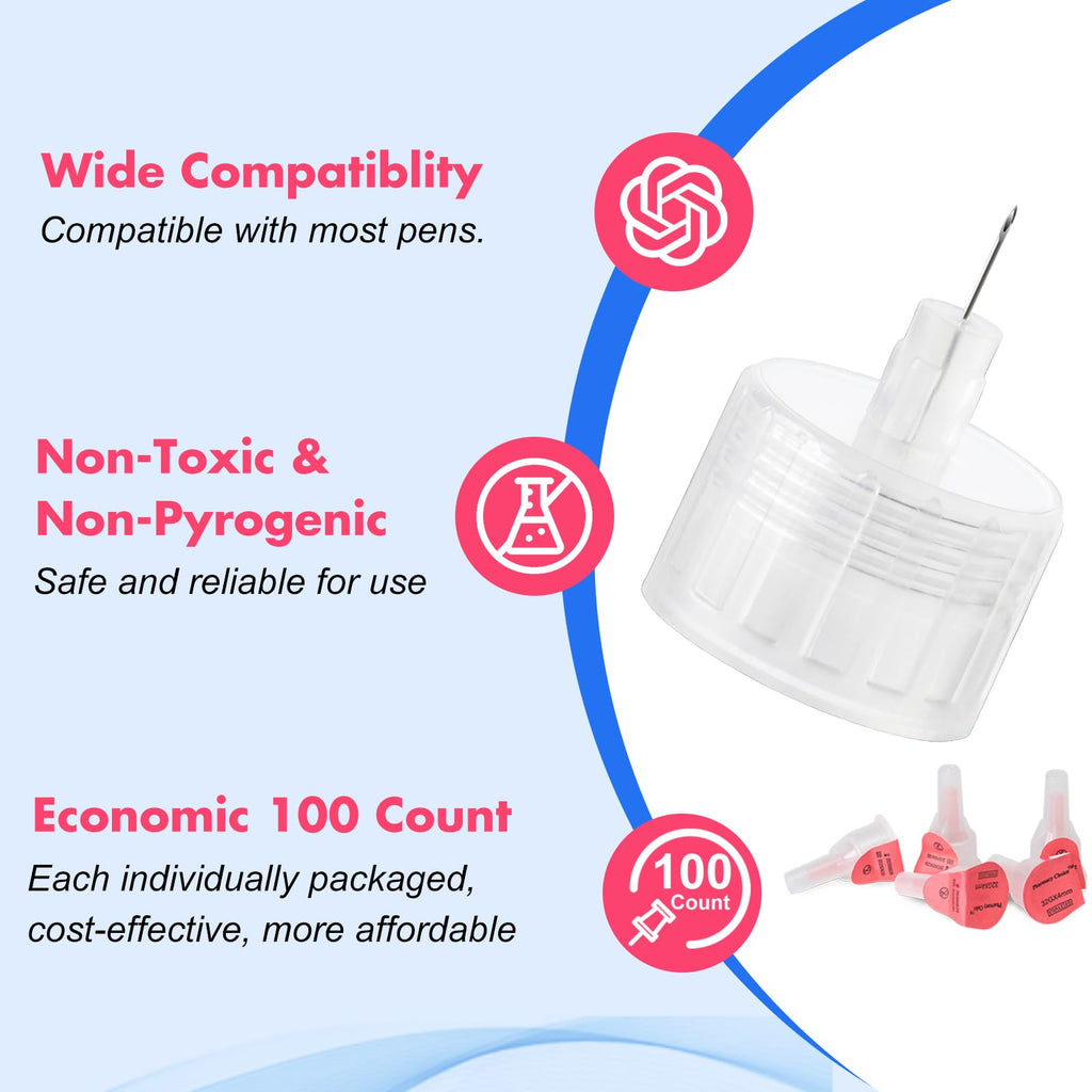Pen Tips 32G x 4mm(5/32") Universal Fit, Sterile，Ultra-Thin Wall Technology. Comfortable and Precise，100 Count