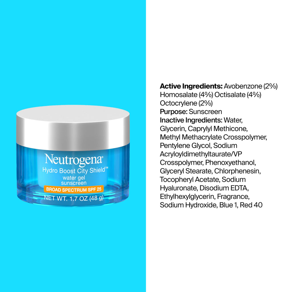 Neutrogena Hydro Boost City Shield Water Gel Face Moisturizer SPF 25 1.7 oz | Broad Spectrum SPF 25, Hydrating Gel Facial Sunscreen, With Hyaluronic Acid, Noncomedogenic