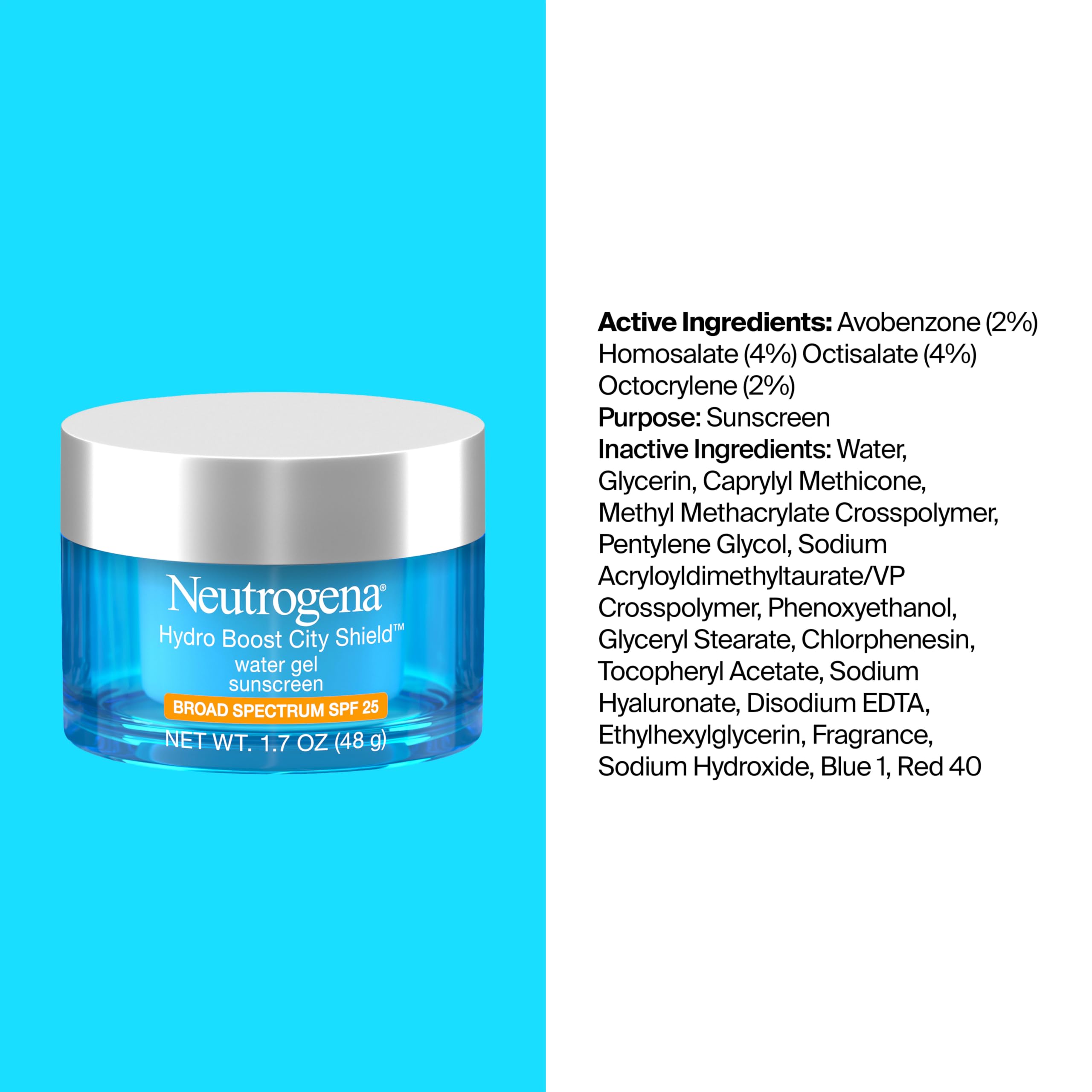 Neutrogena Hydro Boost City Shield Water Gel Face Moisturizer SPF 25 1.7 oz | Broad Spectrum SPF 25, Hydrating Gel Facial Sunscreen, With Hyaluronic Acid, Noncomedogenic