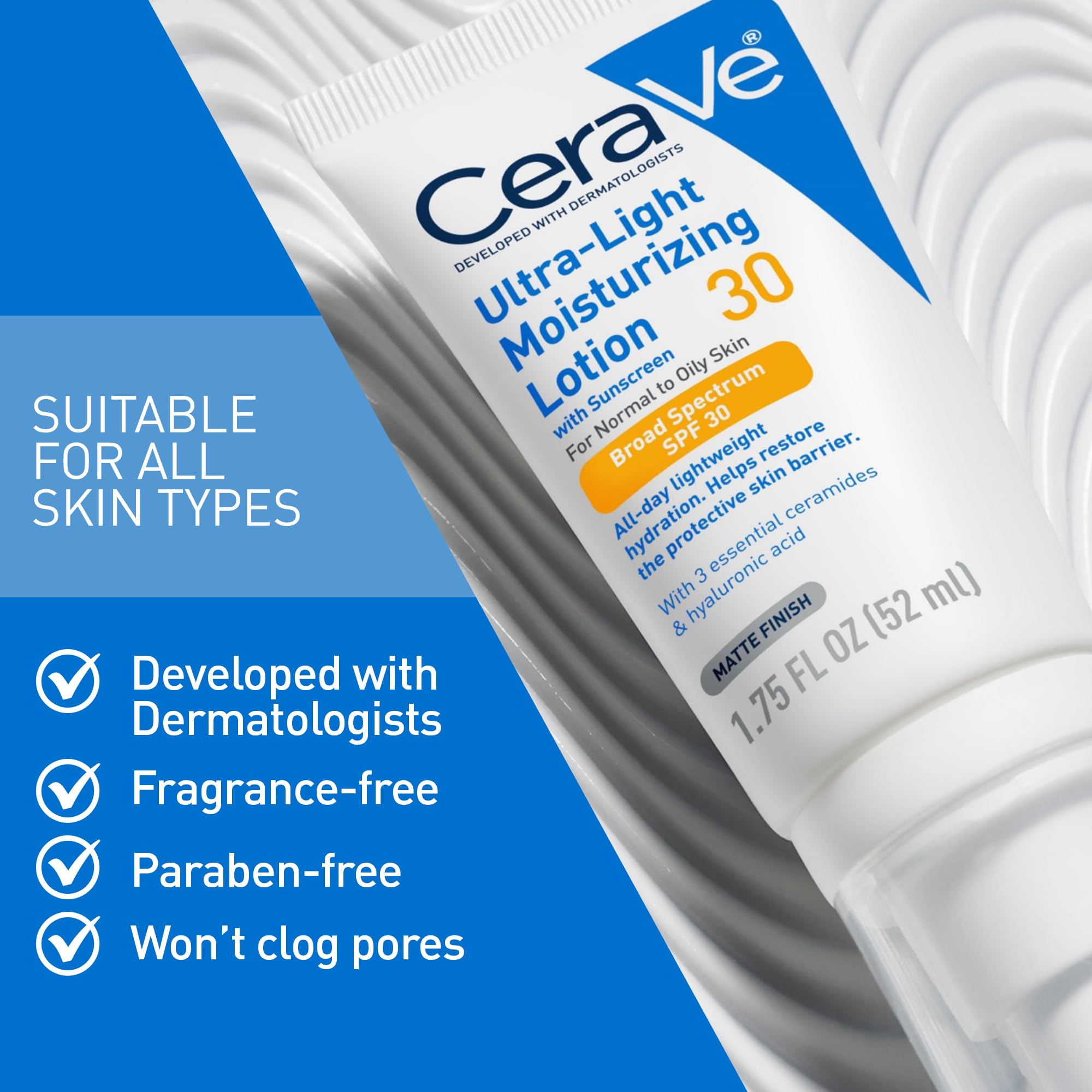 CeraVe Ultra-Light Moisturizing Lotion SPF 30, Sunscreen for Face, 1.7oz | Skin Care, Face Moisturizer, Hyaluronic Acid, Sunscreen Lotion, Facial Moisturizer, Oil Free, Matte Finish, Ceramides