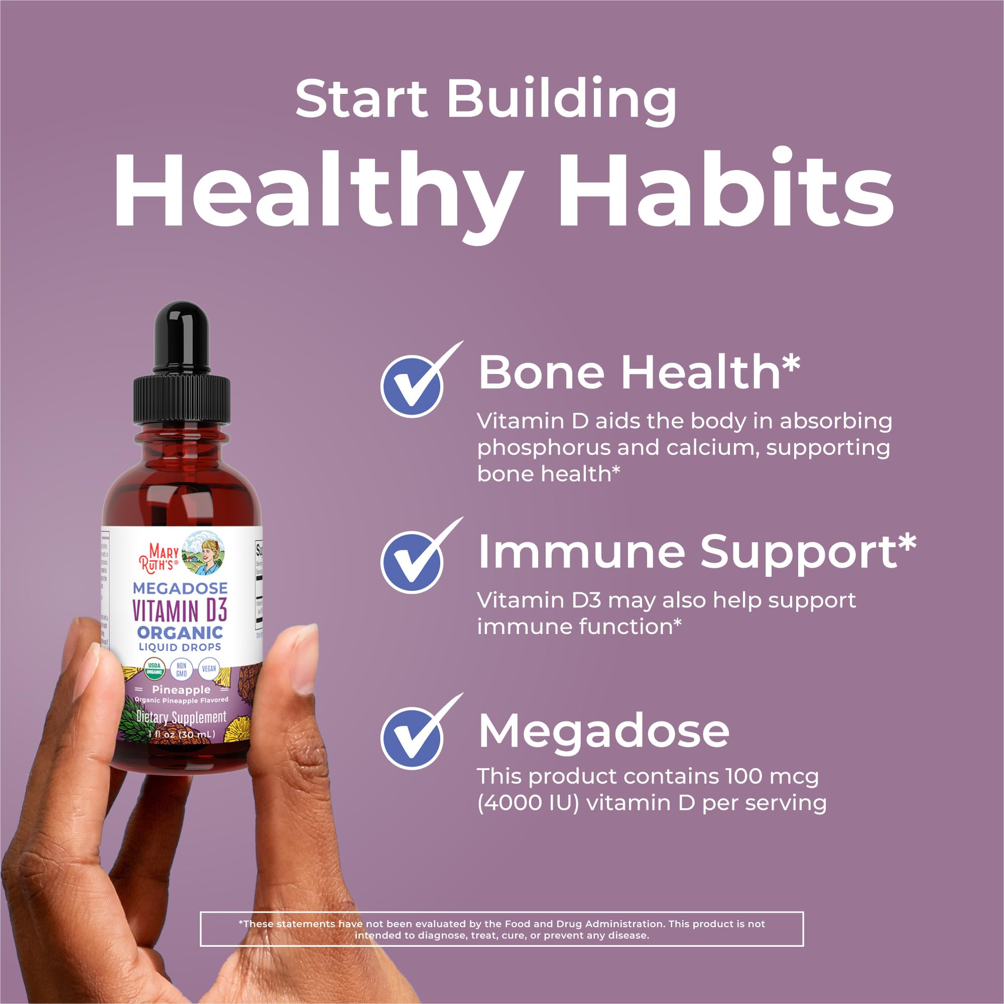 MARYRUTH'S Megadose Vitamin D3 Drops, Vitamin D 4000 IU, Vegan, 30 Servings | USDA Organic, Immune Support & Bone Health, Vegan, Gluten Free, Non-GMO
