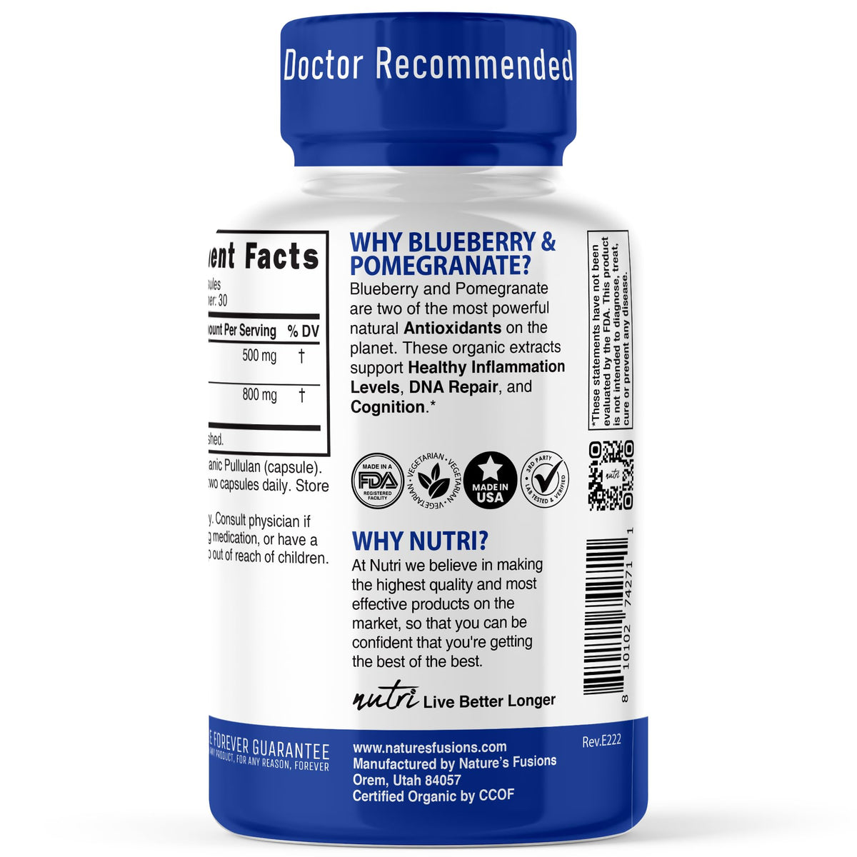 Nutri Organic Blueberry Pomegranate 1300mg - USDA Organic - 60 Caps