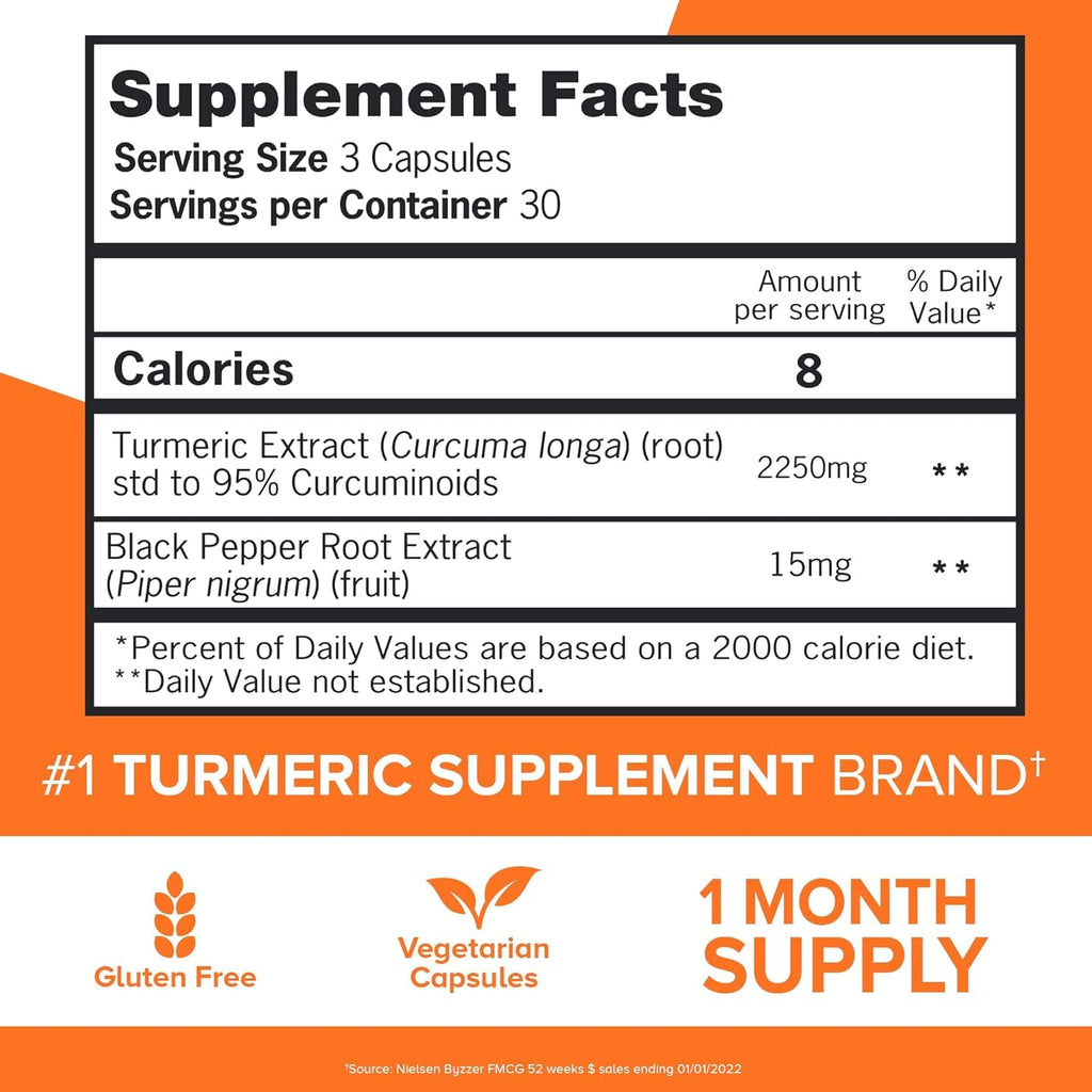 Qunol Turmeric 2250mg + Black Pepper for Enhanced Absorption, 90 Capsules | Extra Strength Curcumin Supplement with 95% Curcuminoids, Supports Joint Health and a Healthy Inflammation Response