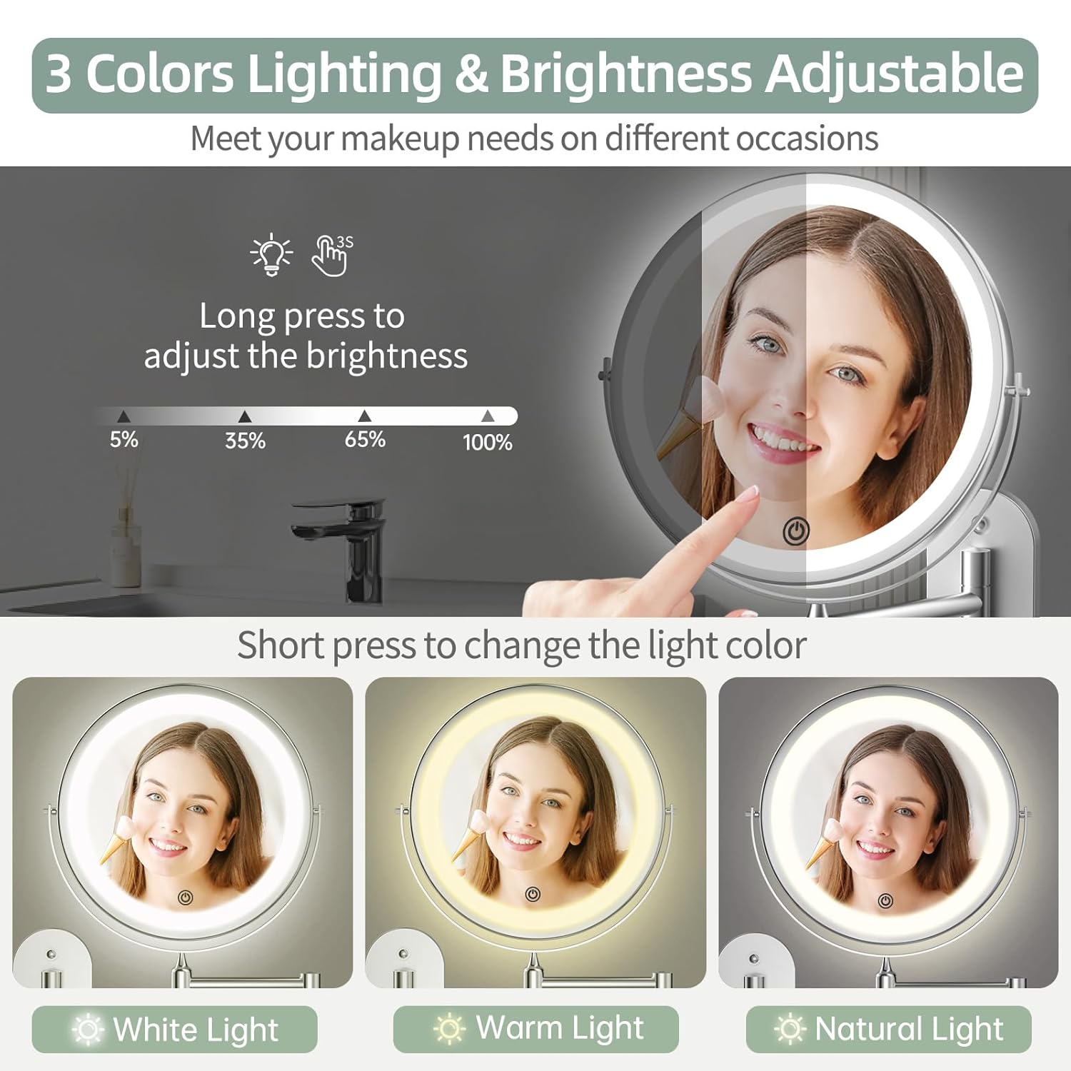 Buy now Rechargeable Wall Mounted Lighted Makeup Vanity Mirror 8 inch 1X/10X Magnifying Bathroom Mirror with 3 Color Lights, Double Sided with Dimmable LED Lights, Extended Arm 360Â° Swivel Extension Mirror at indiglob india