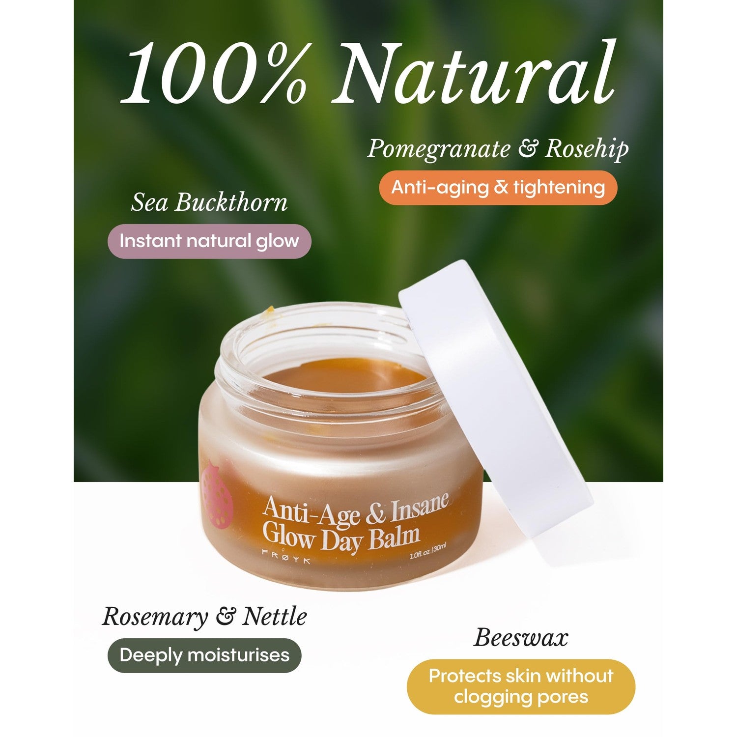 FRØYA Organics Anti-Age & Insane Glow Day Balm for Face (1.0 fl oz) | Moisturizing Beeswax Balm to Visibly Reduce Wrinkles, Even Skin Tone, and Boost Collagen, With Rosehip & Sea Buckthorn