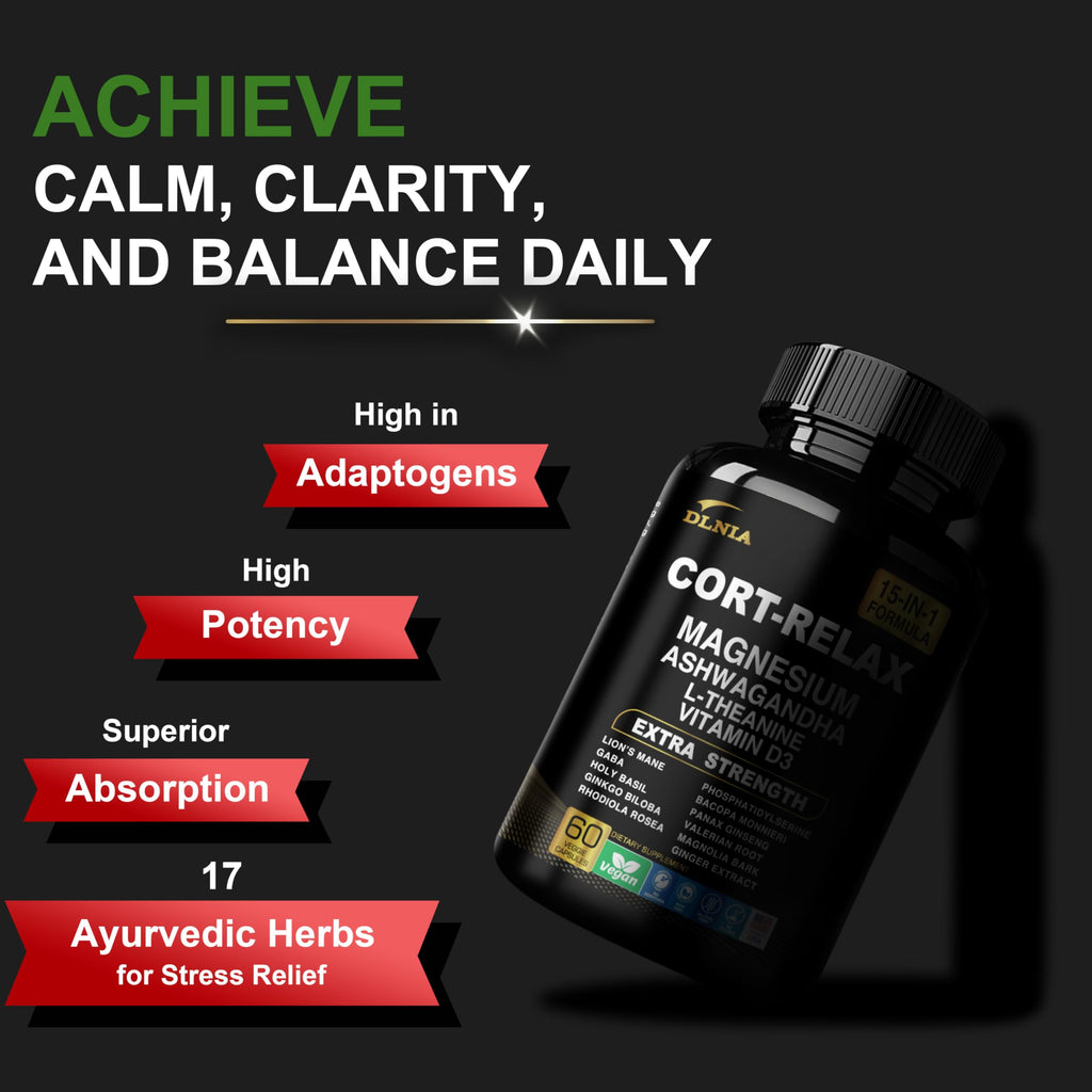 DLNIA Super Calm Cortisol Supplement with Magnesium Glycinate, Ashwagandha KSM-66, L-Theanine, Phosphatidylserine, Ginkgo Biloba & Lions Mane for Calm, Focus, Mental Clarity, Relaxation, Sleep, Energy