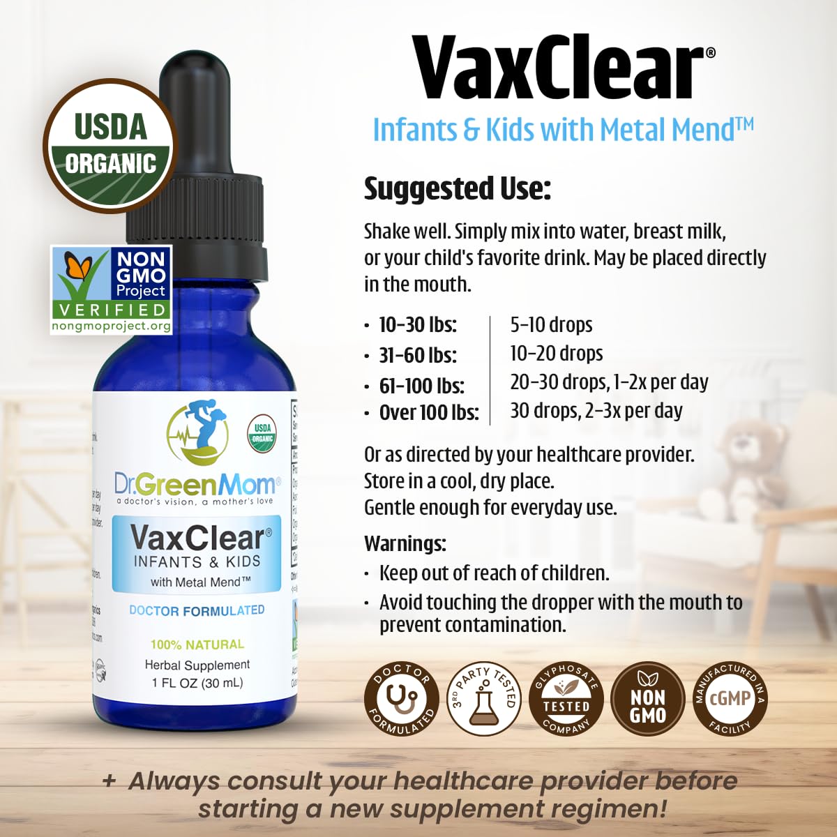 Dr. Green Mom Organic VaxClear with Metal Mend, Herbal Heavy Metal Detox Drops for Kids and Infants with Chlorella, Turmeric, Cilantro and Milk Thistle to Cleanse and Support Immune Response