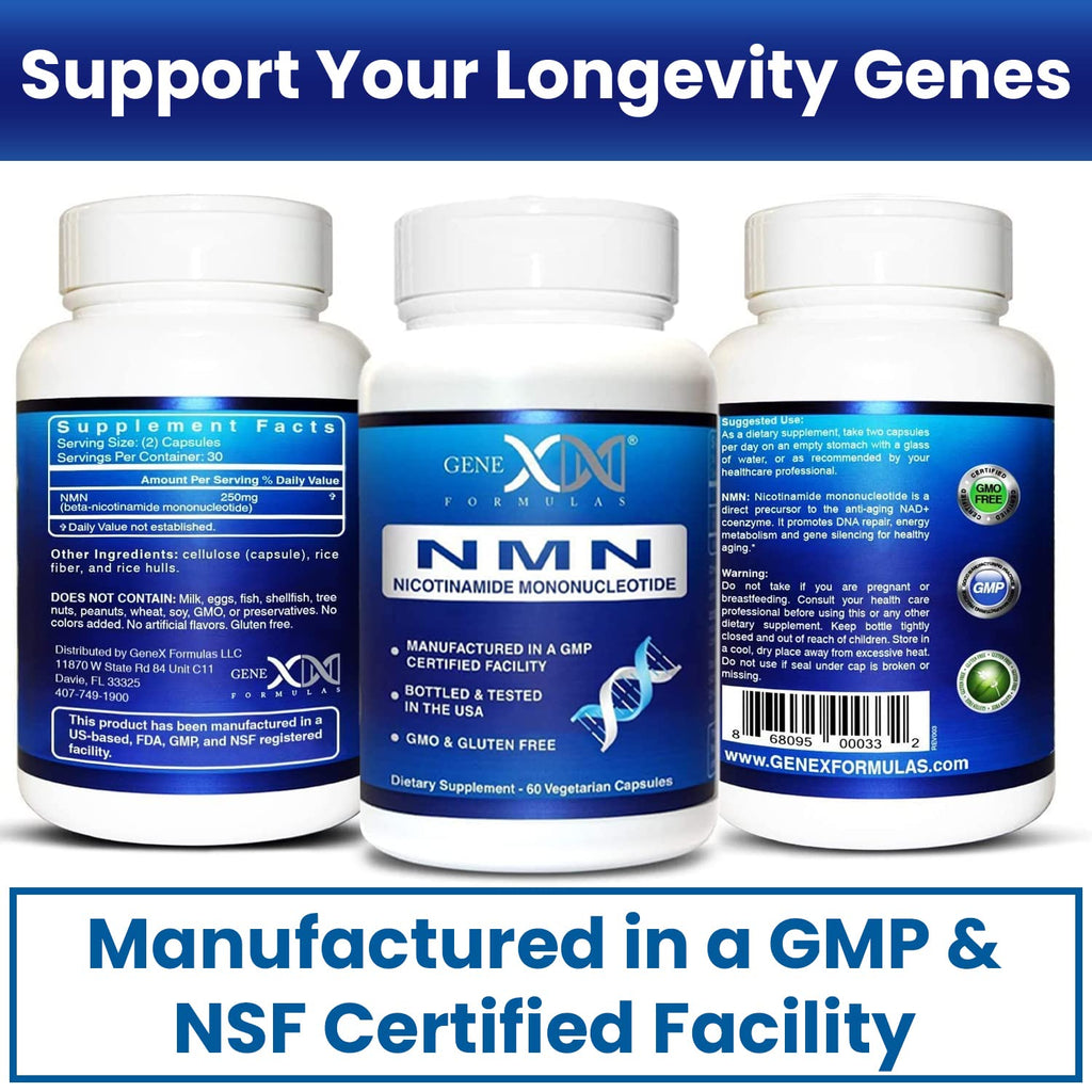 Genex Formulas NMN 250 mg Dose Stabilized Form 99% Pure Supplement 60 Caps | NMN Supplement for Cellular Energy, Increased NAD Levels, DNA Repair, and Healthy Aging, GMP Certified, 30 Day Supply