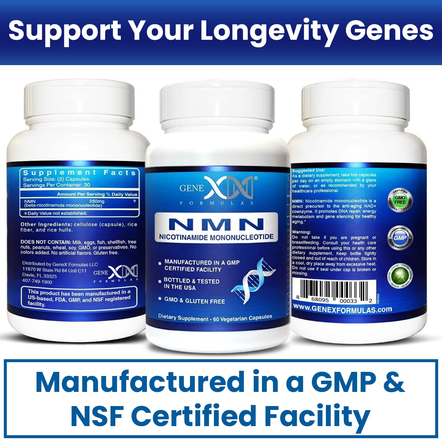 Genex Formulas NMN 250 mg Dose Stabilized Form 99% Pure Supplement 60 Caps | NMN Supplement for Cellular Energy, Increased NAD Levels, DNA Repair, and Healthy Aging, GMP Certified, 30 Day Supply