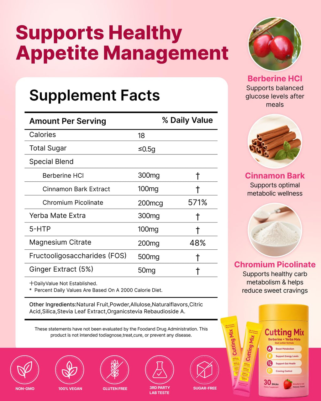 Cutting Drink Mix – Craving & Metabolism Support, Strawberry Açaí 30 Sticks