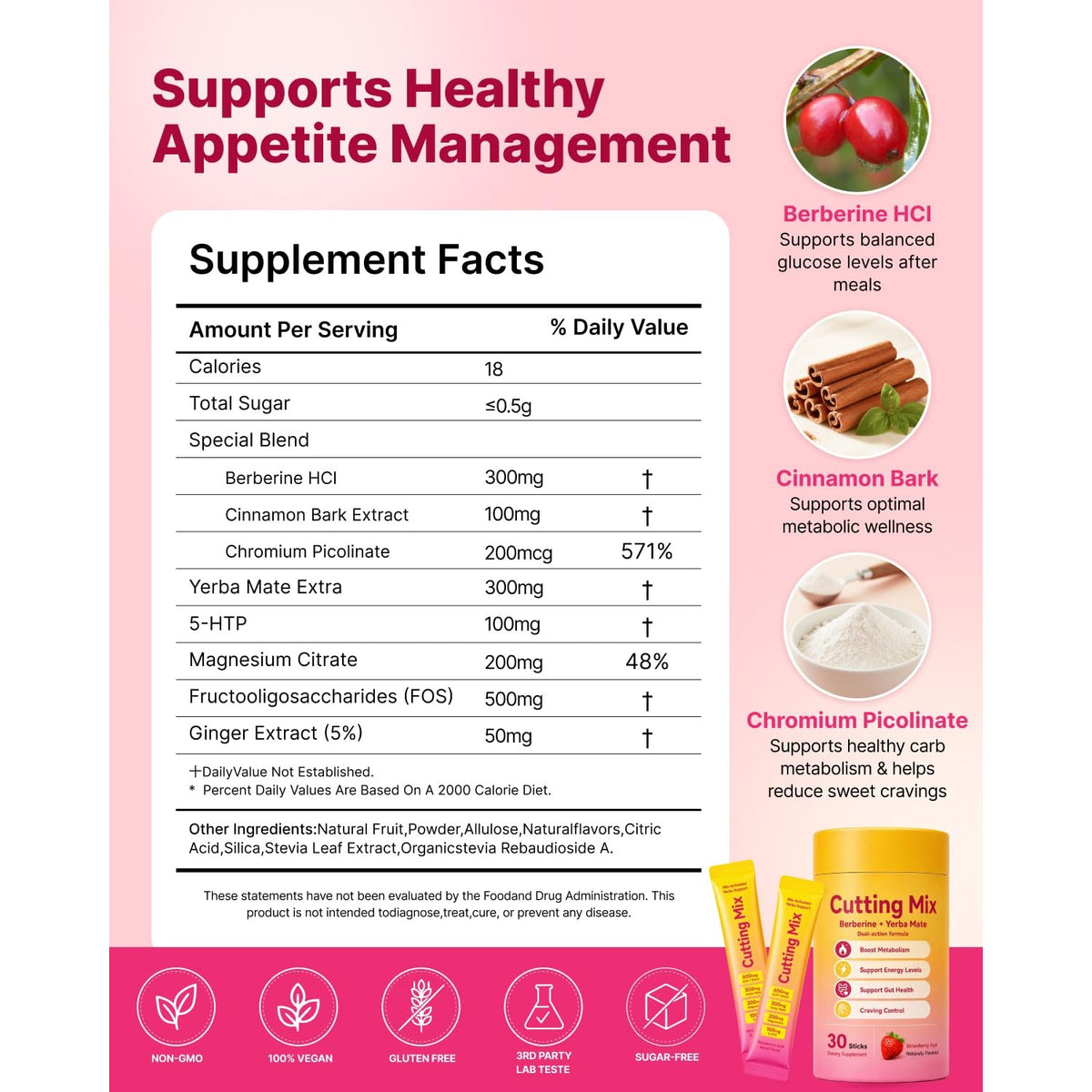 Cutting Drink Mix – Craving & Metabolism Support, Strawberry Açaí 30 Sticks